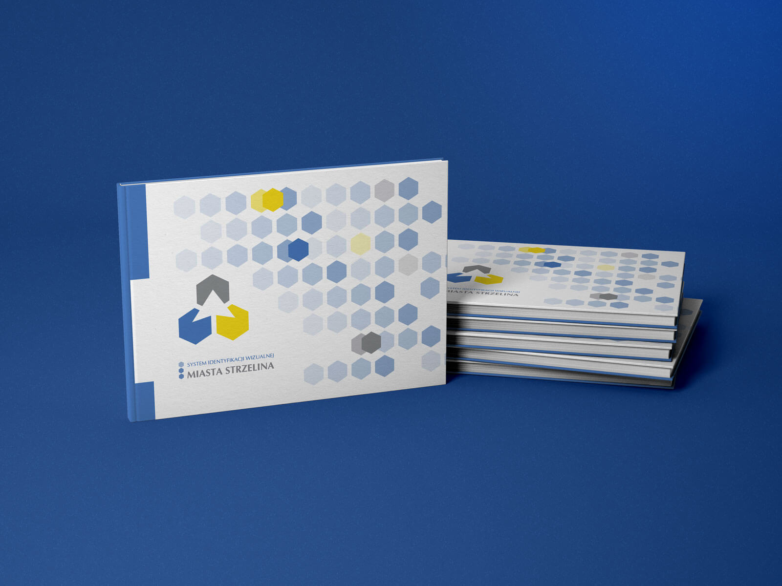 Profesjonalny projekt identyfikacji wizualnej miasta Strzelin prezentujący mockup księgi znaku z nowoczesnym motywem heksagonów.