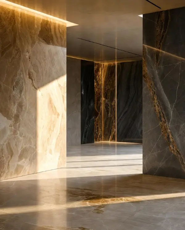Μεγάλα marble slabs σε luxury showroom με έντονες σκιές και φυσικό φωτισμό σε σύγχρονο χώρο