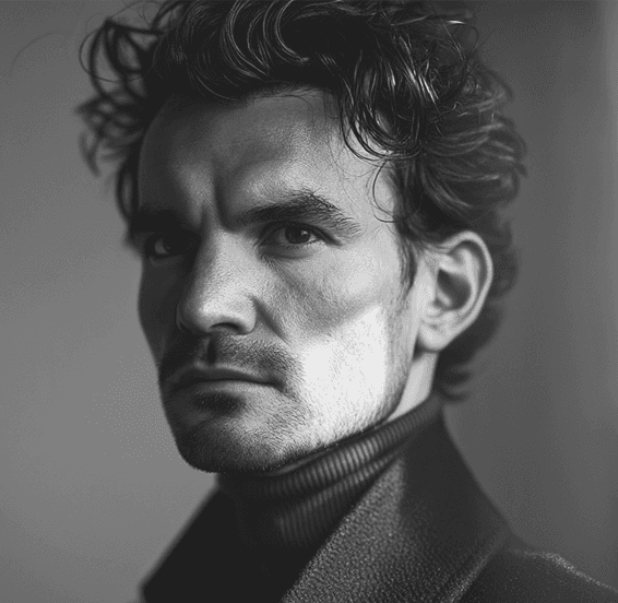 Portrait of a man with short dark hair and a trimmed beard, dressed in a dark shirt, on a simple background.