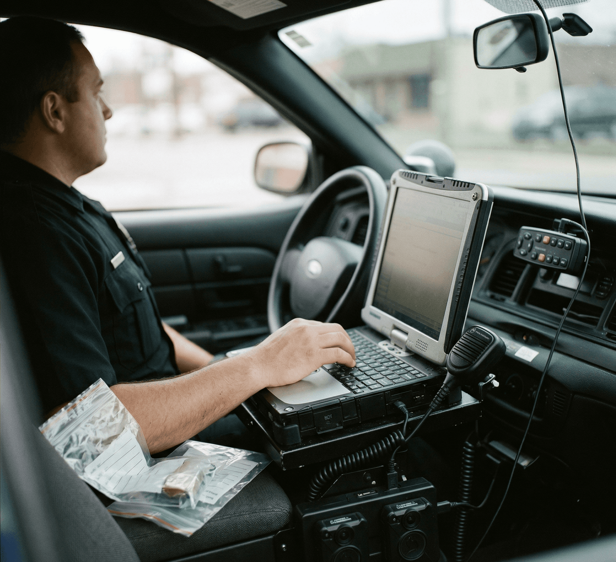 officer typing on keyboard inside cruiser