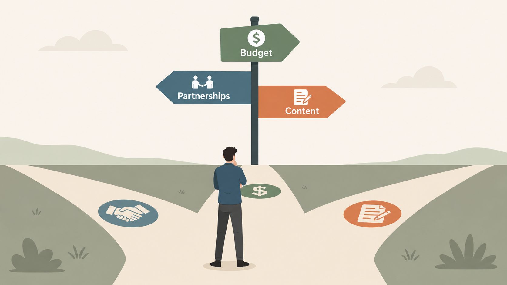 A person standing at a crossroads making a decision between budget, partnerships, and content strategies.