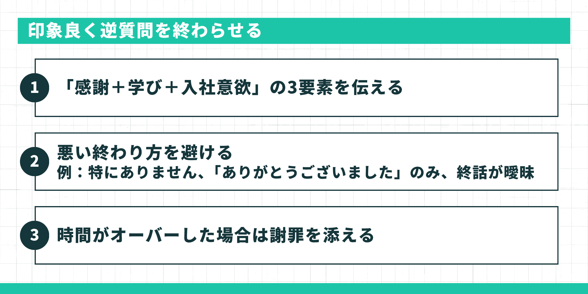 印象良く逆質問を終わらせる（感謝・学び・入社意欲、悪い終わり方の回避、時間超過時の謝罪）