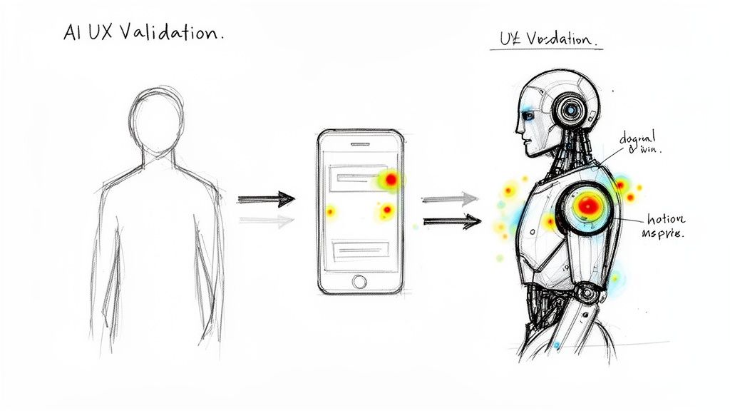 Diagram showing a human outline, a smartphone with heatmaps, and a robot analyzing UX data.