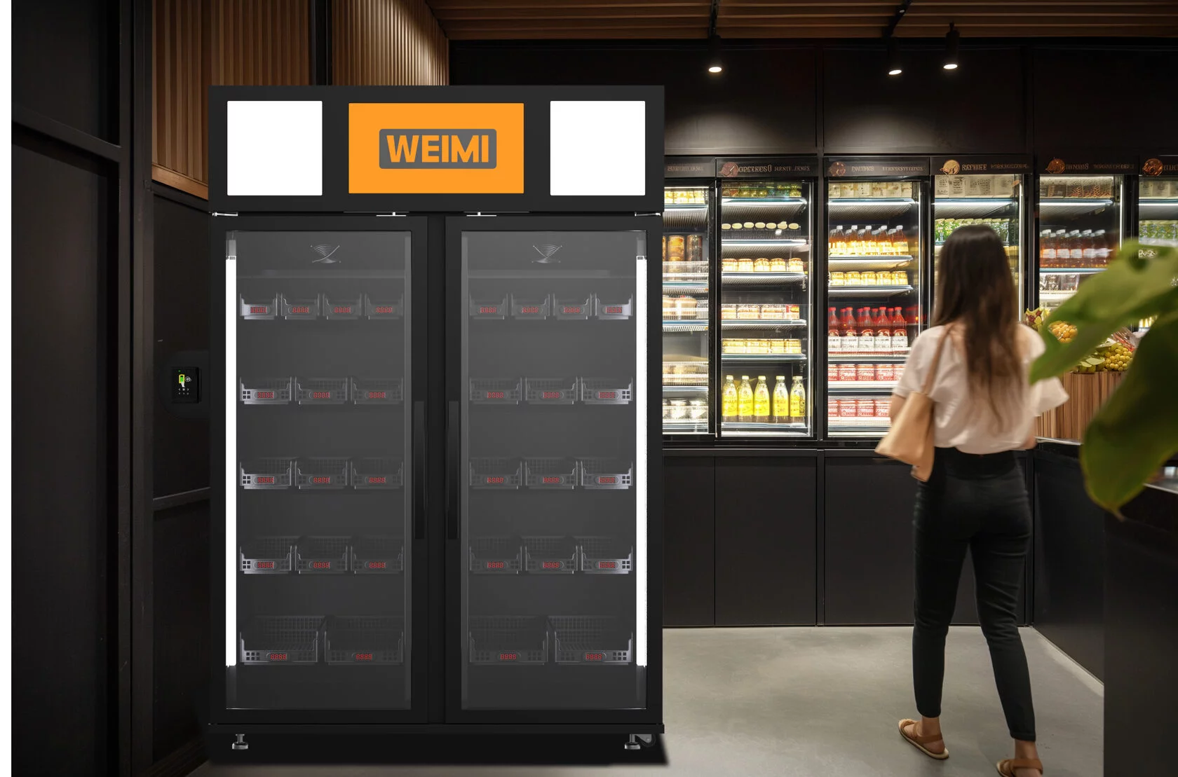 WEIMI divdurvju viedais ledusskapis mazumtirdzniecības veikalā, blakus dzērienu plauktiem
