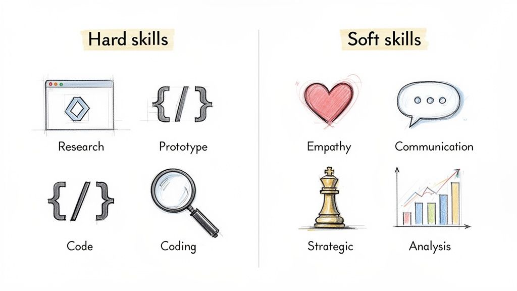 A visual comparison of hard skills like research, prototype, code, coding, and soft skills such as empathy, communication, strategic, and analysis.