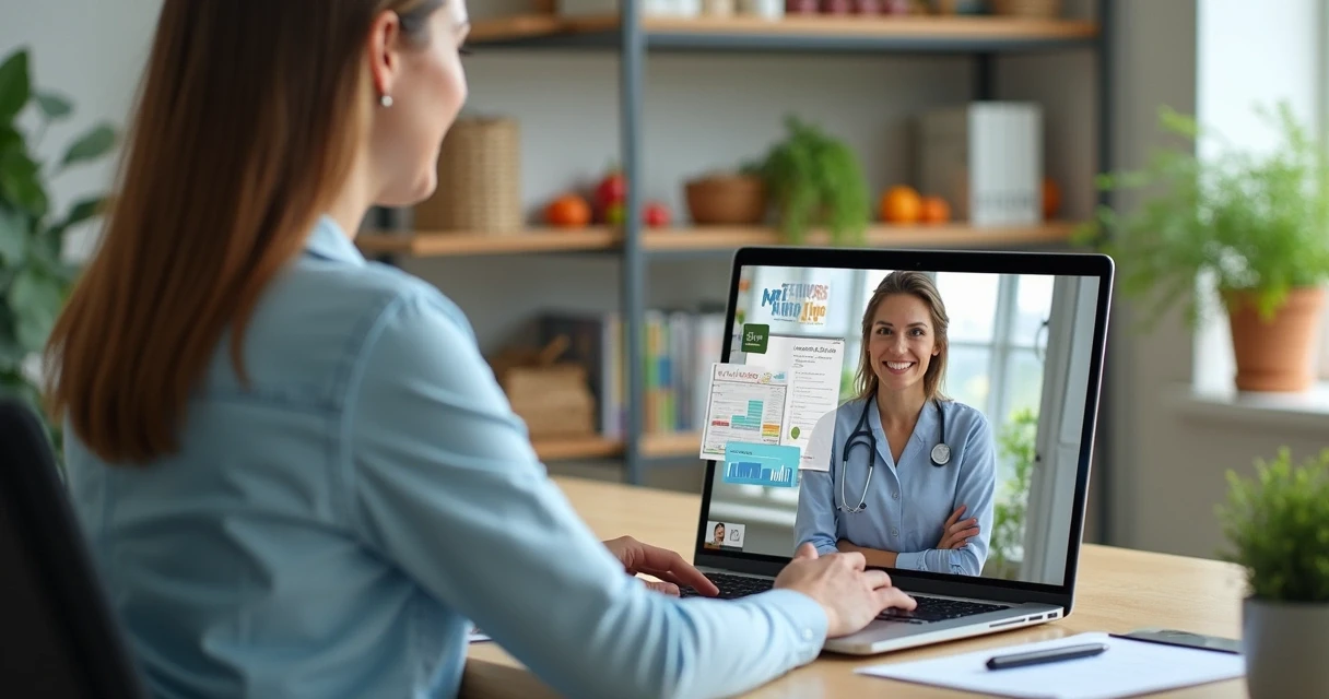 Nutricionista em videoconferência com paciente e gráficos na tela 