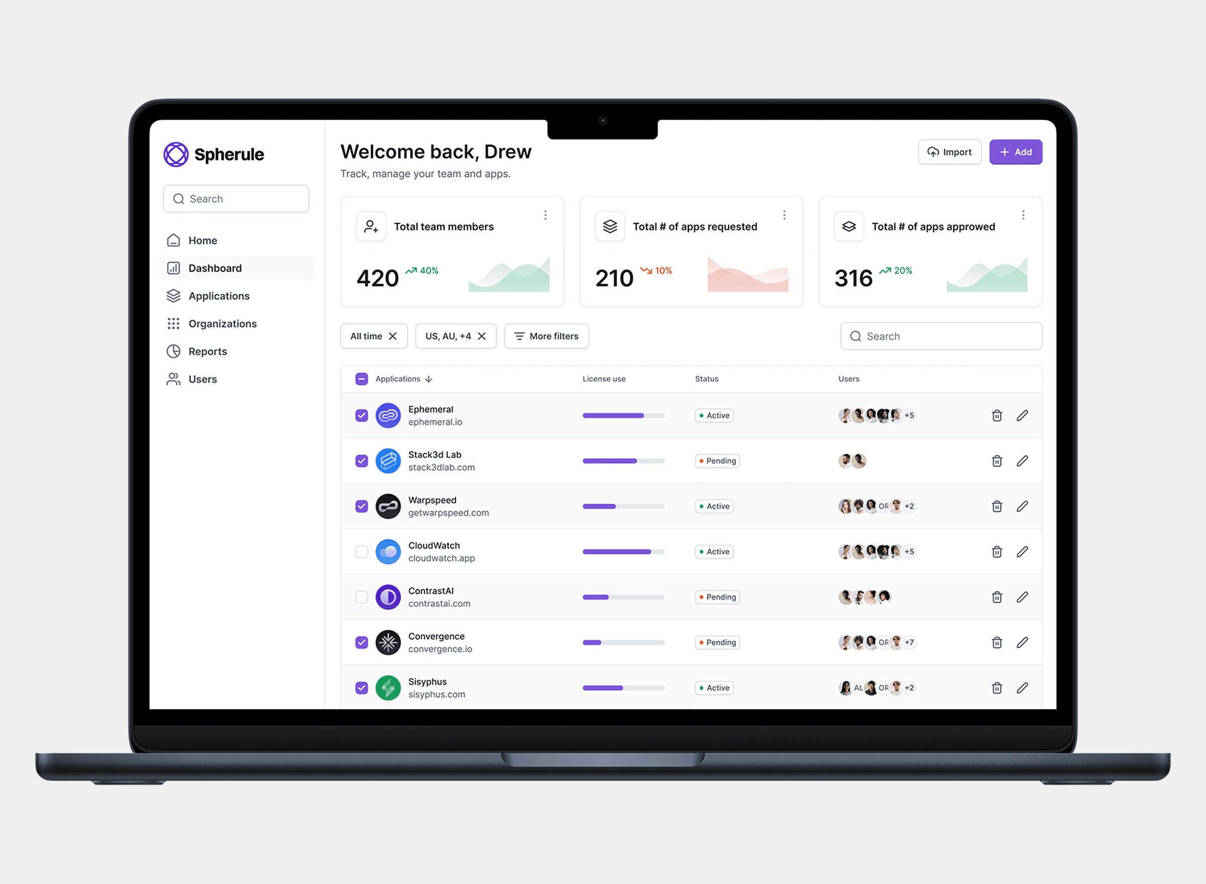 identity management platform dashboard showing 420 team members, 210 apps requested, 316 apps approved, and a list of applications with license usage and status