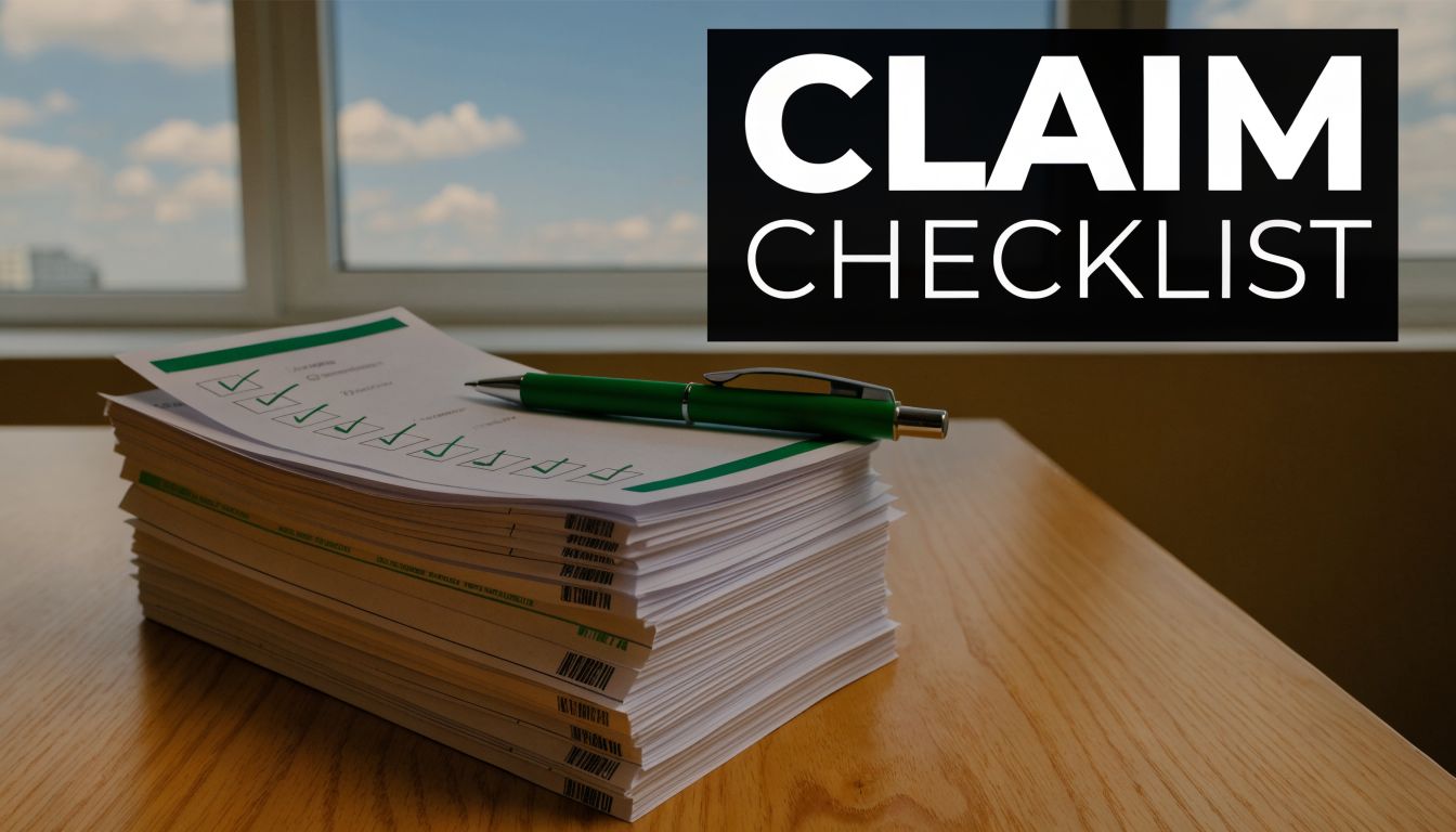 A stack of claim forms with checked boxes and a green pen on a wooden desk.