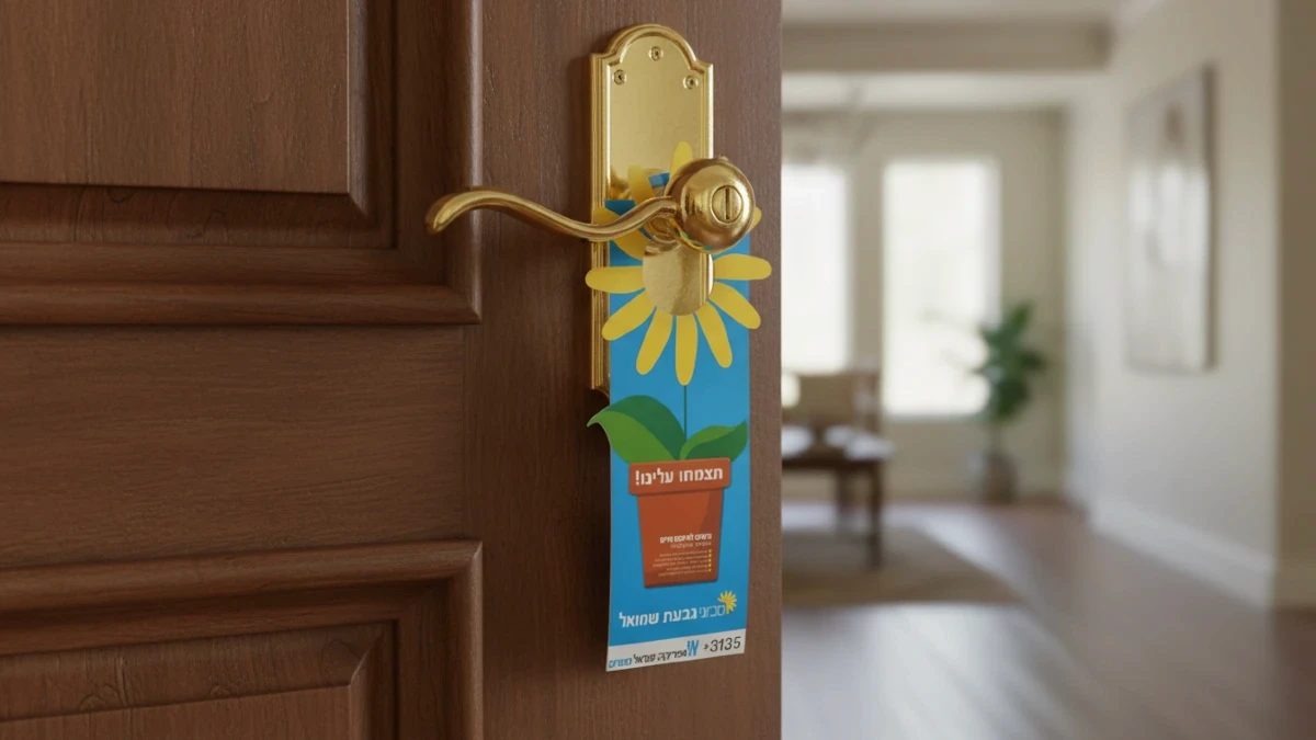 תלי-דלת מעוצב של חברת אפריקה ישראל שהופץ על ידי חברת עלונים בשכונת מגורים יוקרתית. דוגמה לשירות הפצה ממוקד ואיכותי עבור החברות המובילות במשק הישראלי.