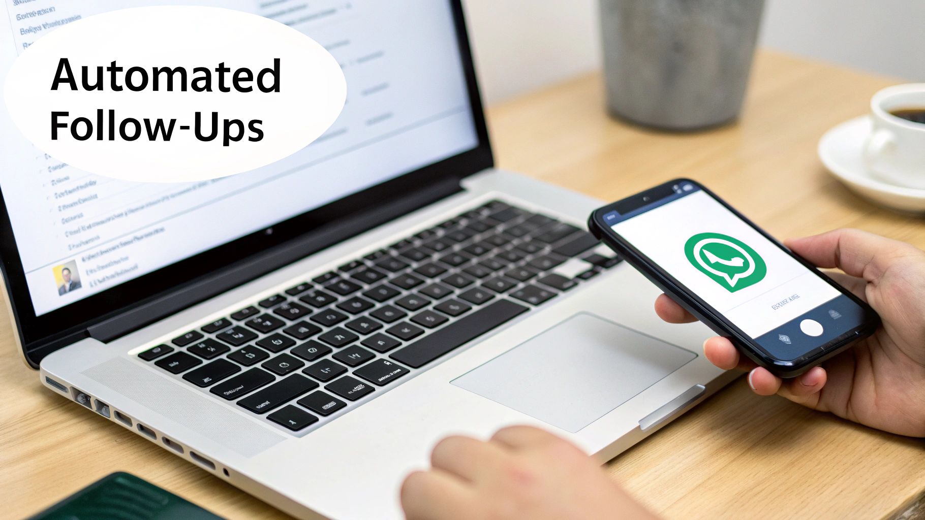 A person holds a smartphone with the WhatsApp logo next to a laptop displaying 'Automated Follow-Ups'.