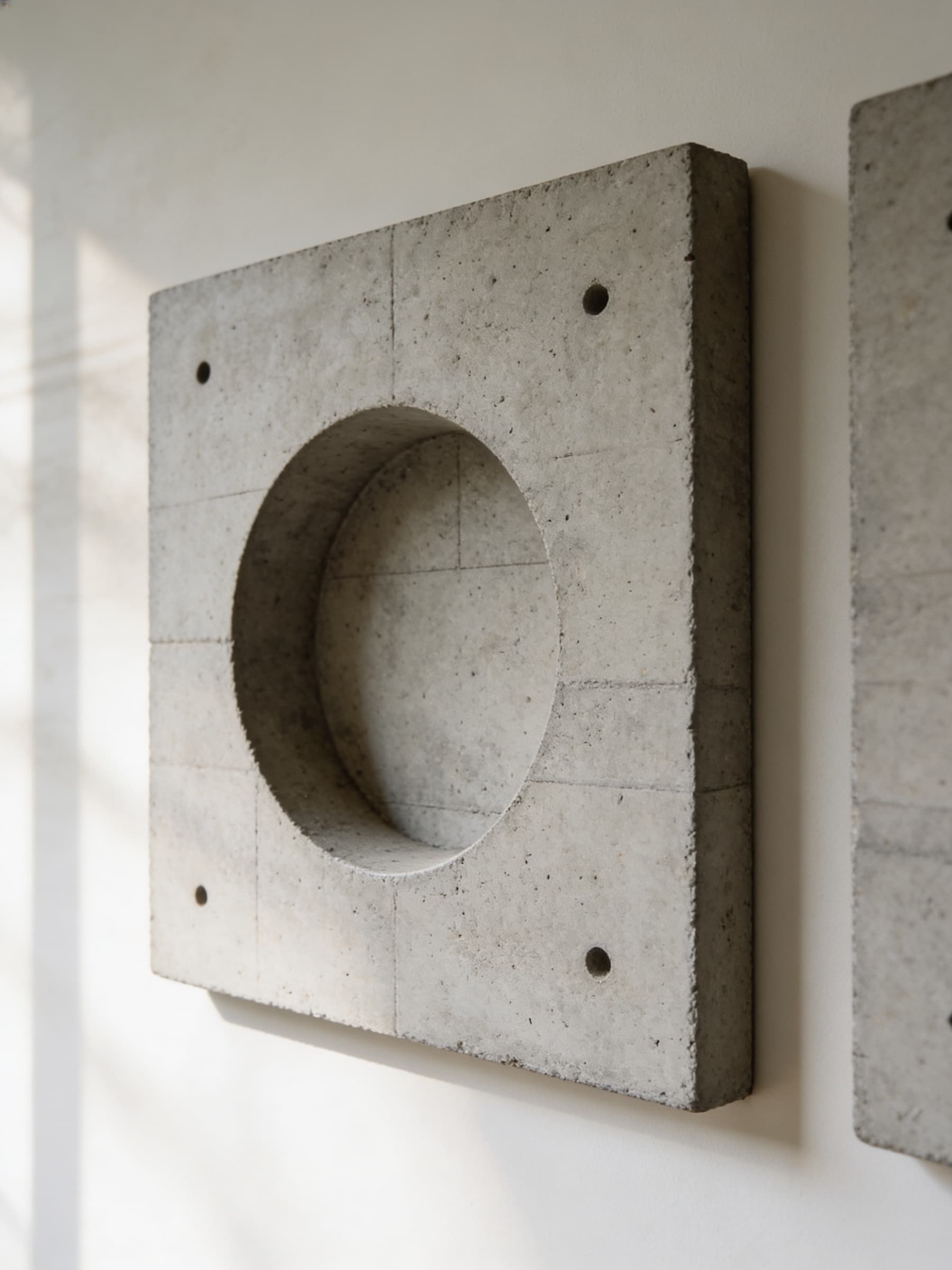 A geometric concrete wall sculpture, featuring a circular indentation within a square frame, is mounted on a white wall, showcasing a minimalist and industrial design.