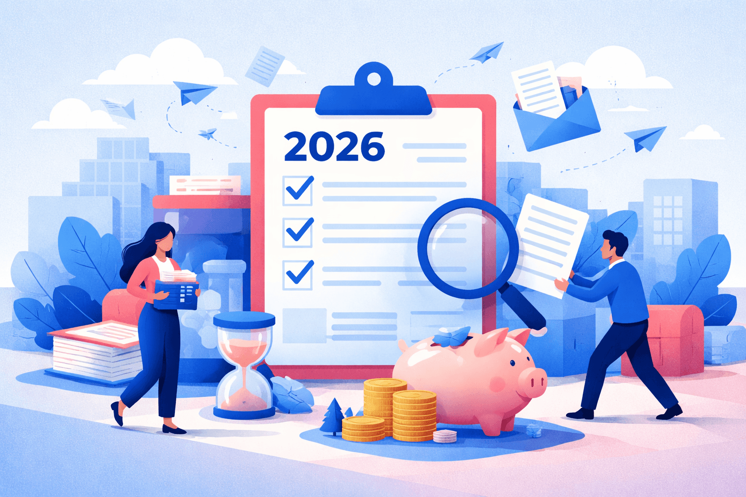 Hombre revisando documentos tributarios y calculadora con logo de Neat Pagos.