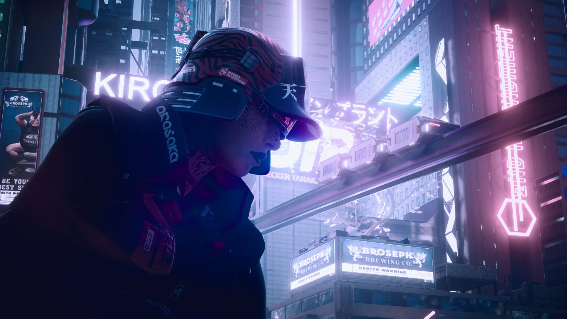 Character from cyberpunk 2077 looking down onto the neon lit city