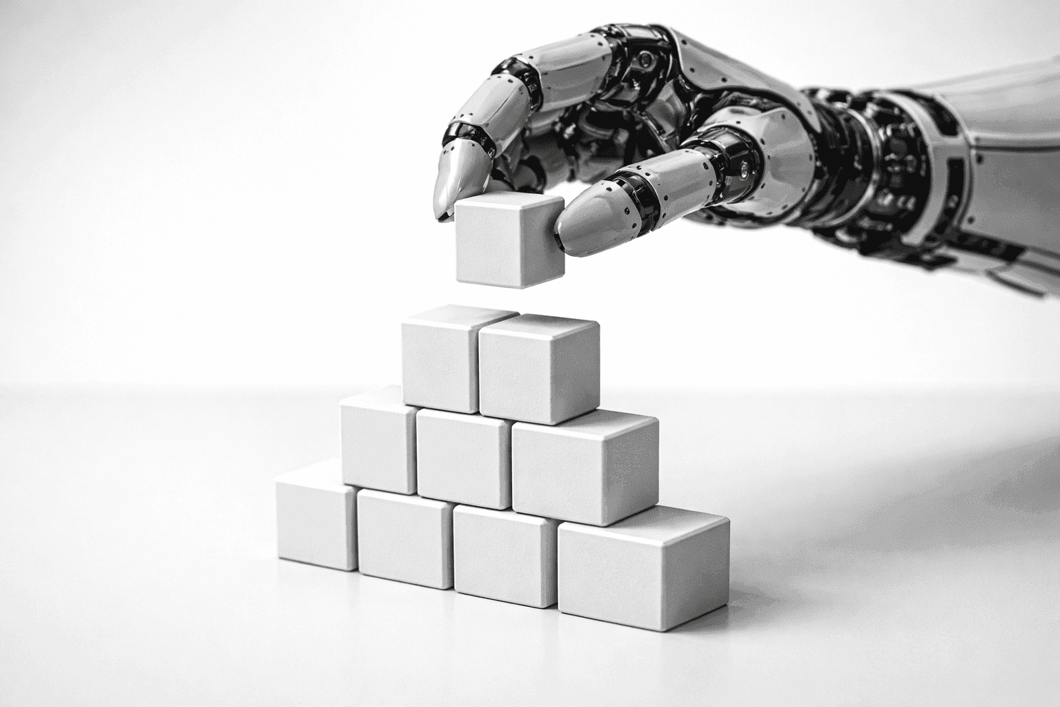 Arte digital de uma mão robótica empilhando blocos, simbolizando o conceito do Google E-E-A-T, expertise, experiência, autoridade e confiabilidade focado em SEO, GEO e AEO.