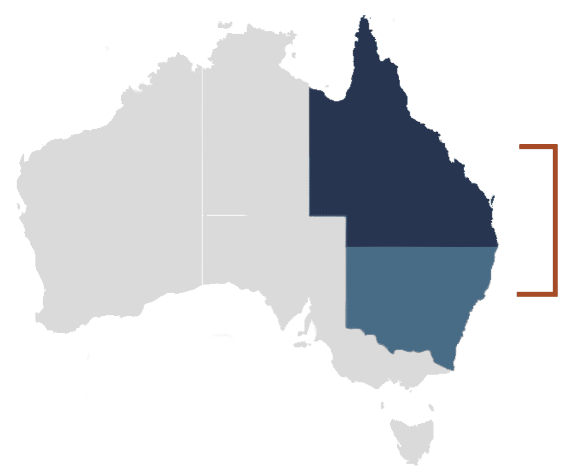 Map of Australia highlighting Queensland and New South Wales to show Clements Construction Group’s service area.