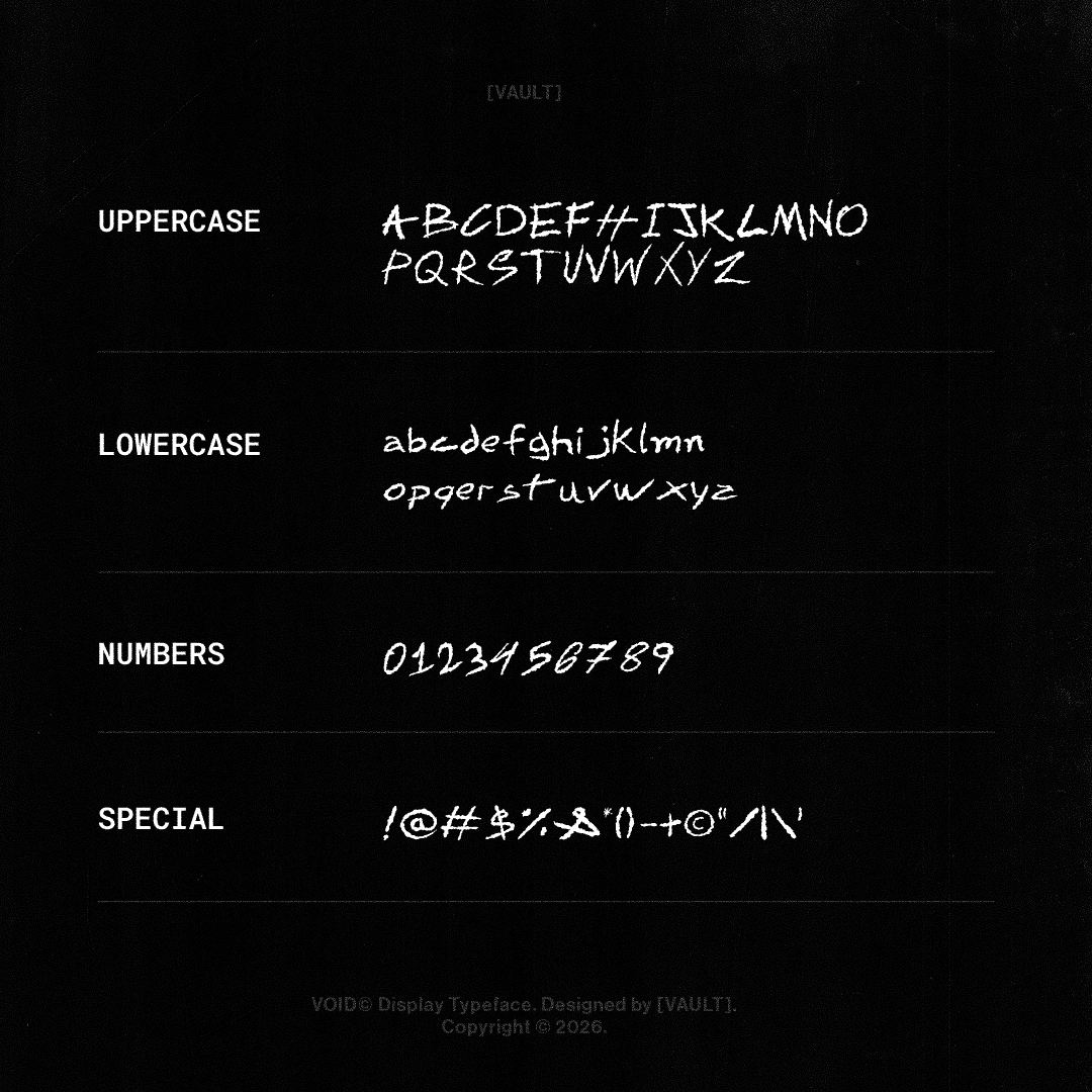 Font features layout of Void Typeface by Vault, showcasing uppercase, lowercase, numbers, and special characters categorized in rows with a distressed handwritten style.