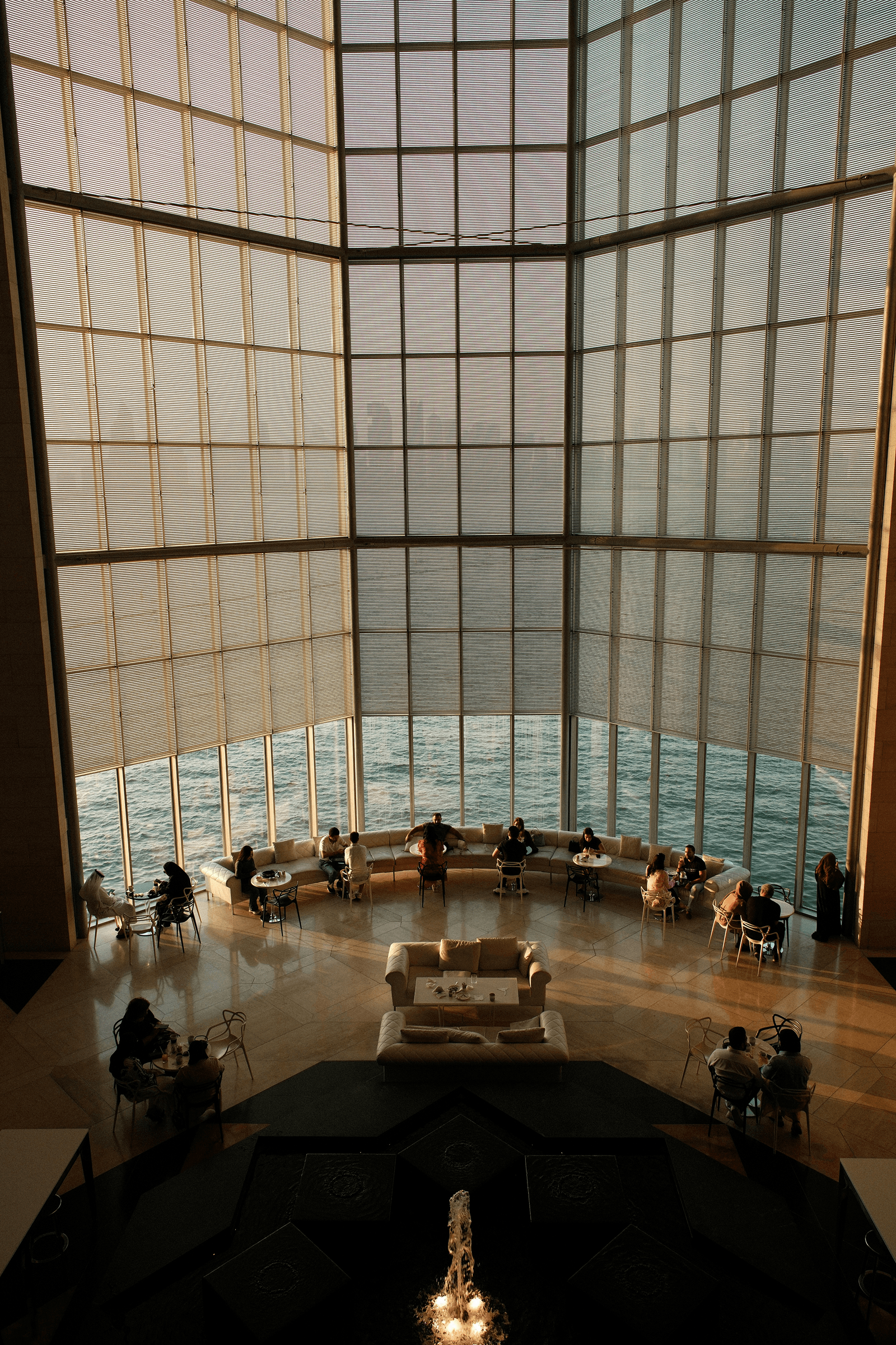 Lobby with large glass windows.