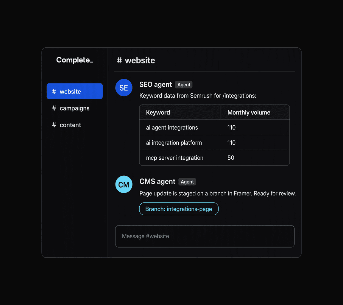 Channel where the SEO agent shares keyword data and the CMS agent stages a page update