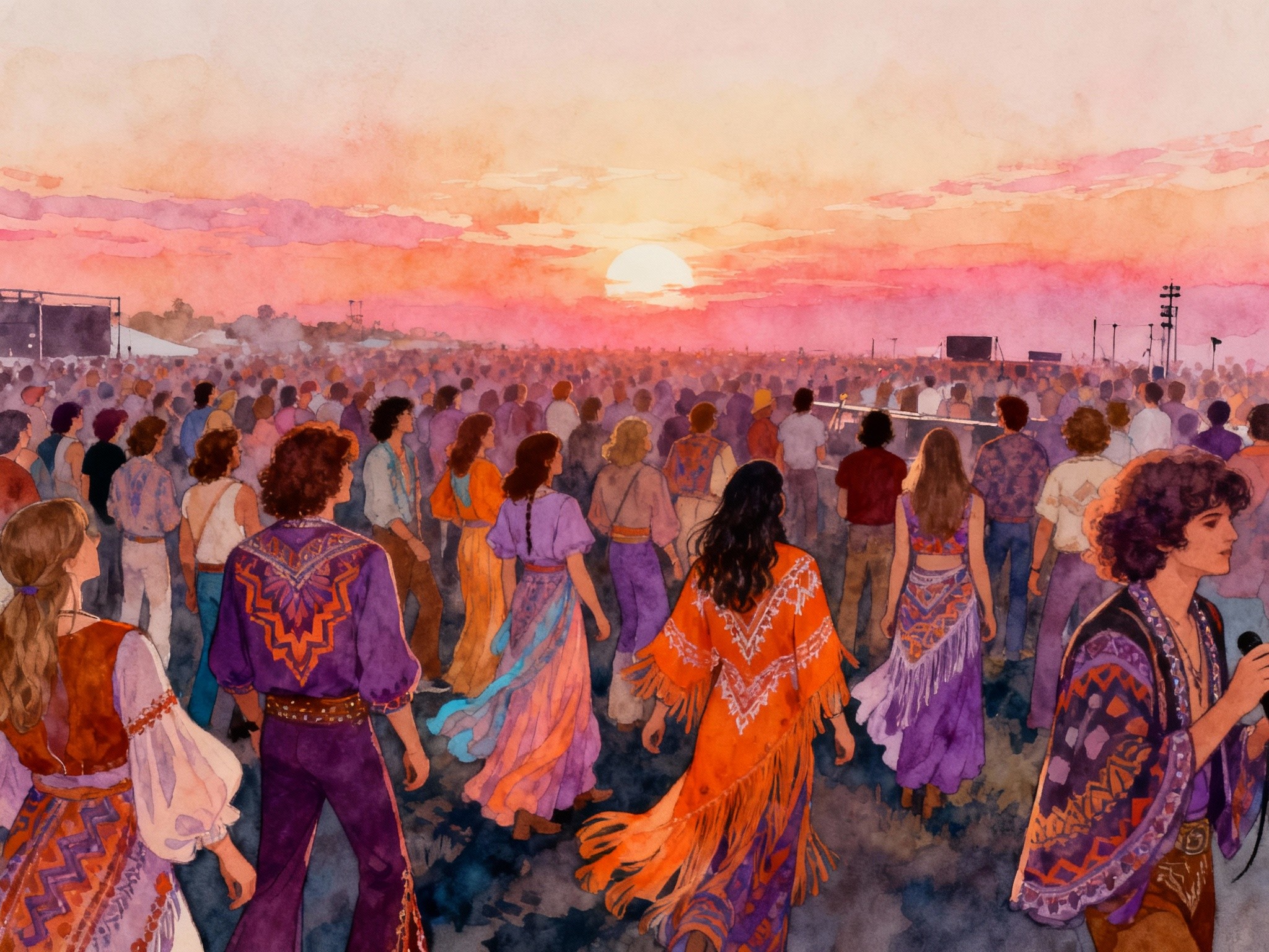 A fine-art illustration style wide landscape composition depicting a retro-inspired concert crowd at