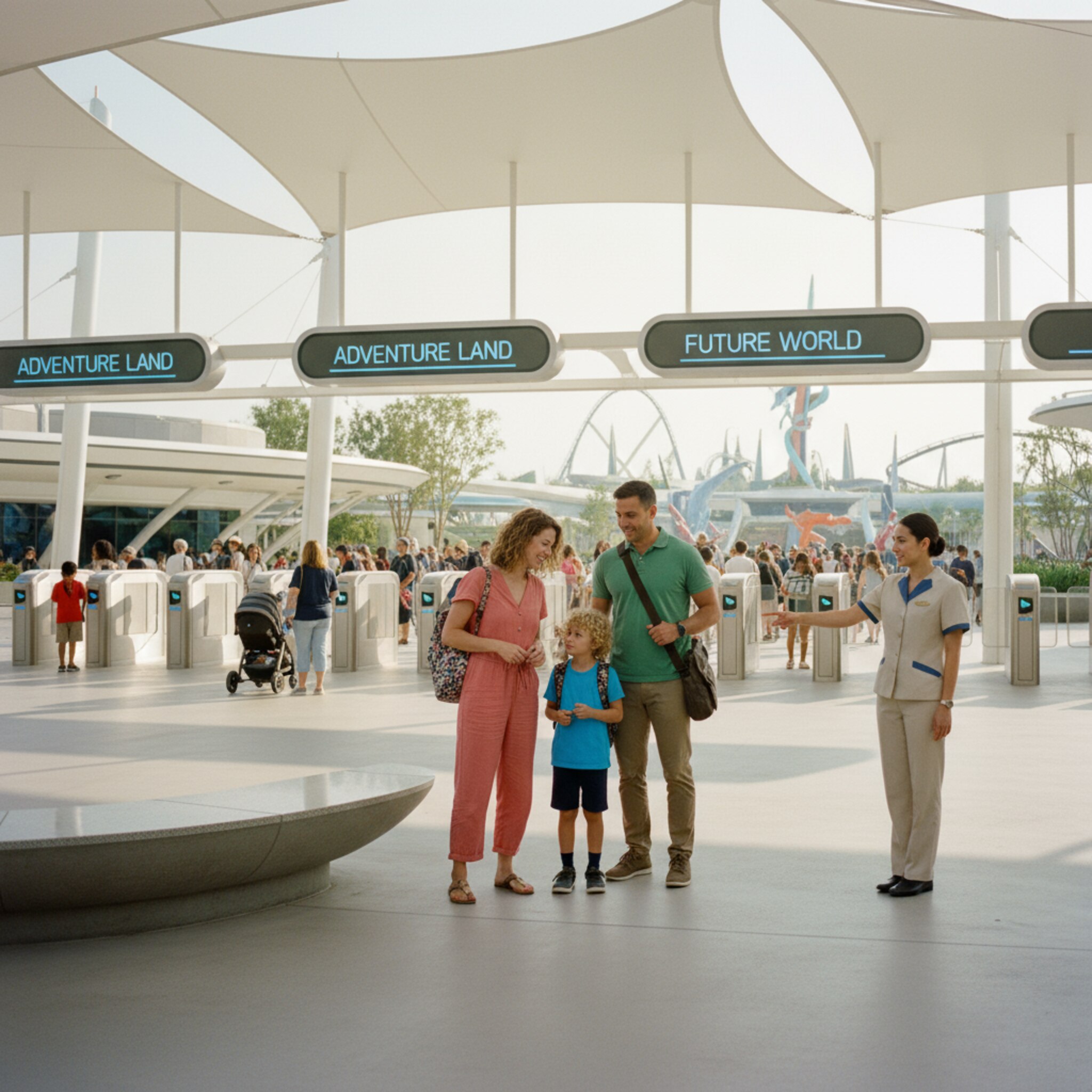 Breite Eingangsbereiche mit Schattensegeln, mehrere Spuren führen sauber beschildert zu Drehkreuzen. Eine Familie ordnet ihre Taschen, während ein Mitarbeiter freundlich den richtigen Durchgang zeigt. Die Stimmung ist entspannt, die Bewegung fließt kontinuierlich.