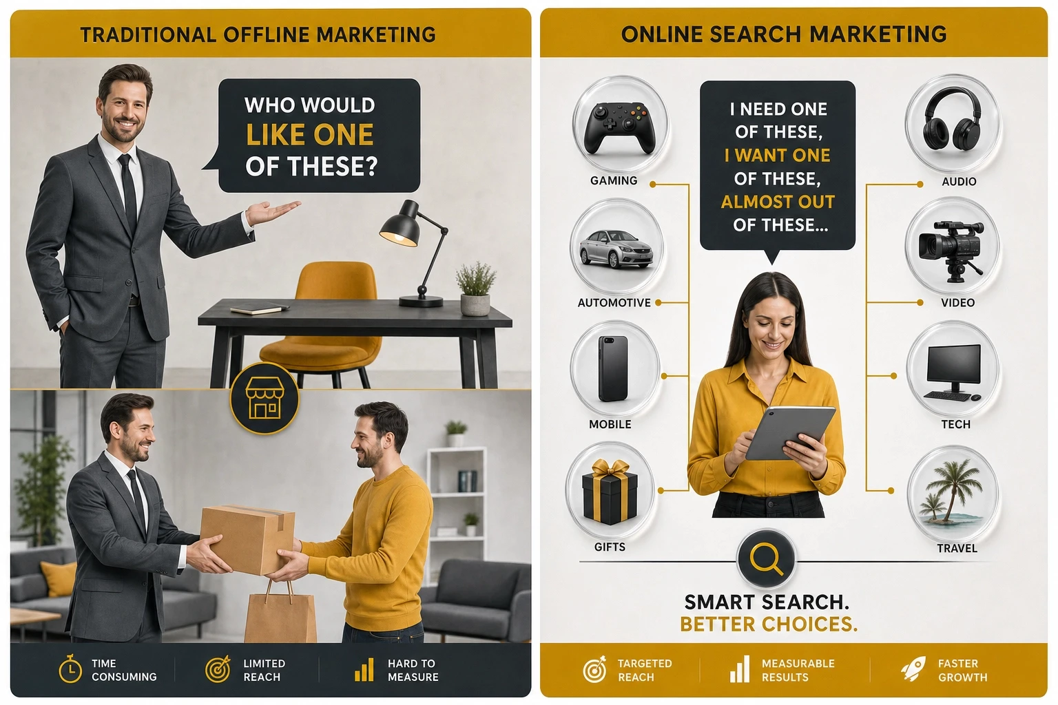 Comparison infographic: traditional offline marketing vs online search marketing showing targeted reach and measurable results for mediareach