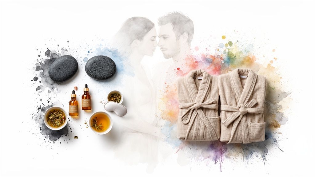 Artística composición de elementos de spa: piedras, aceites, té, albornoces y una pareja en silueta, evocando relajación.