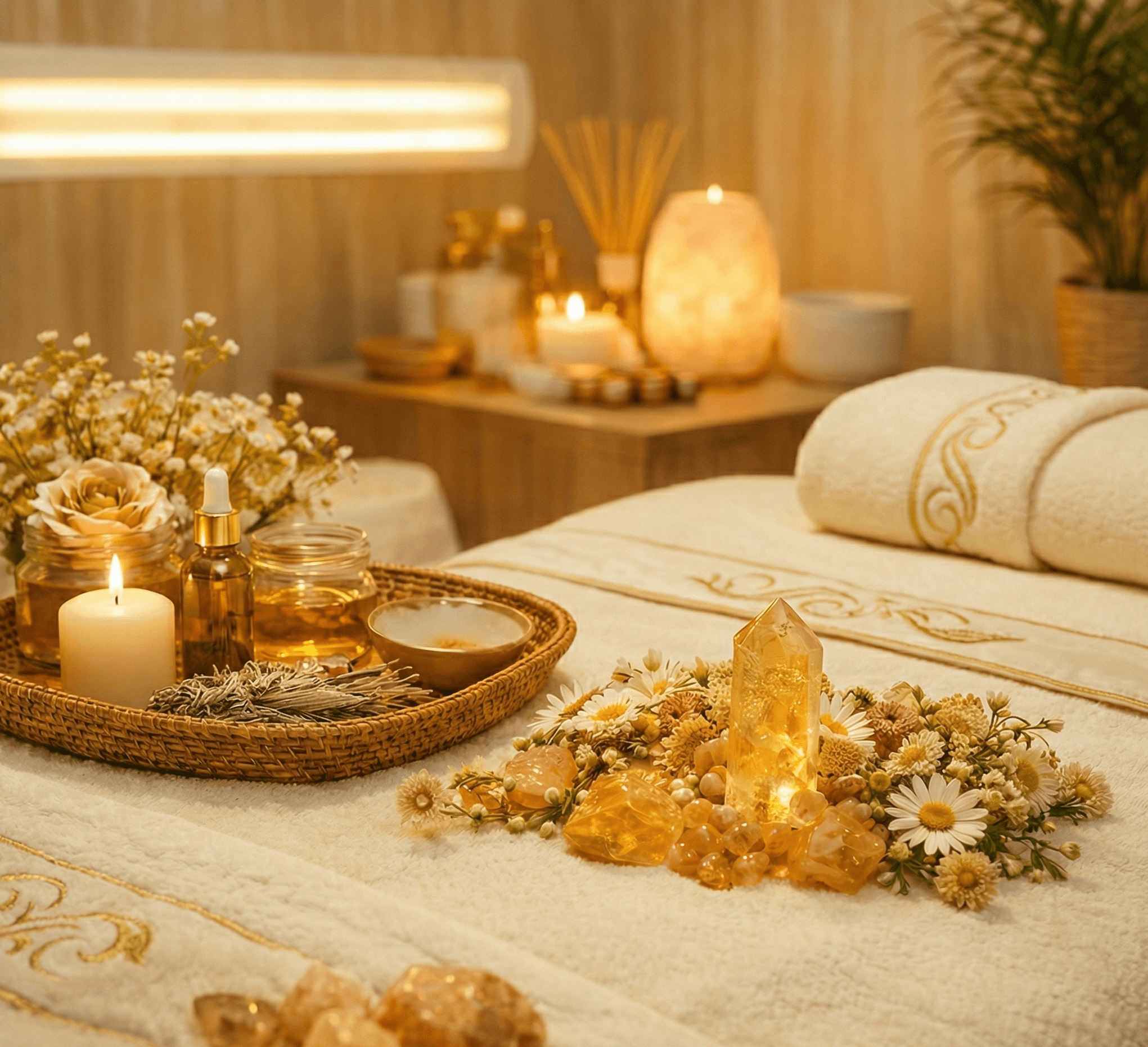 A close-up of hands performing a relaxing massage, with warm golden light illuminating the skin. The scene evokes a sense of relaxation and well-being.