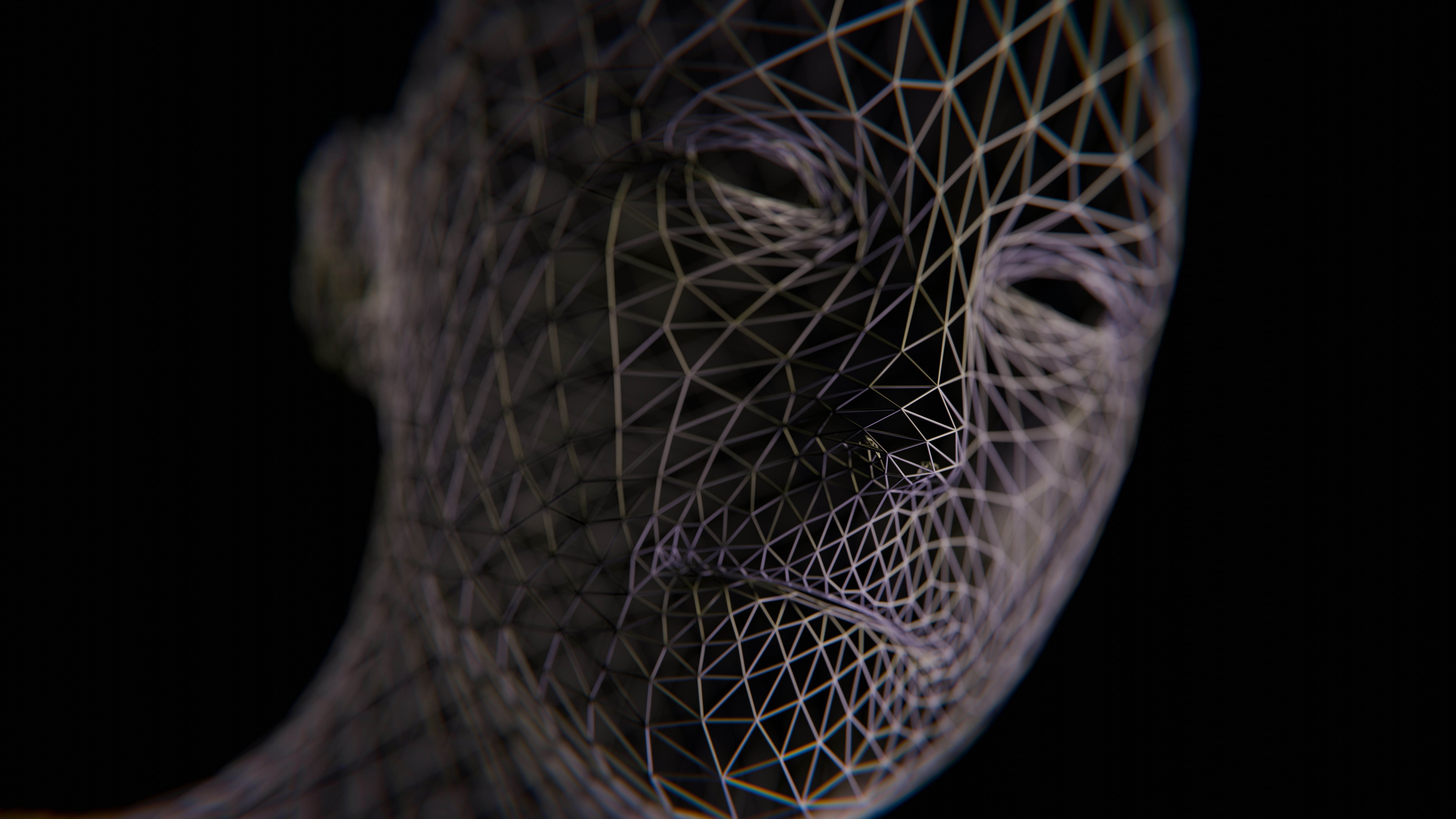 A wireframe head emerges from darkness.