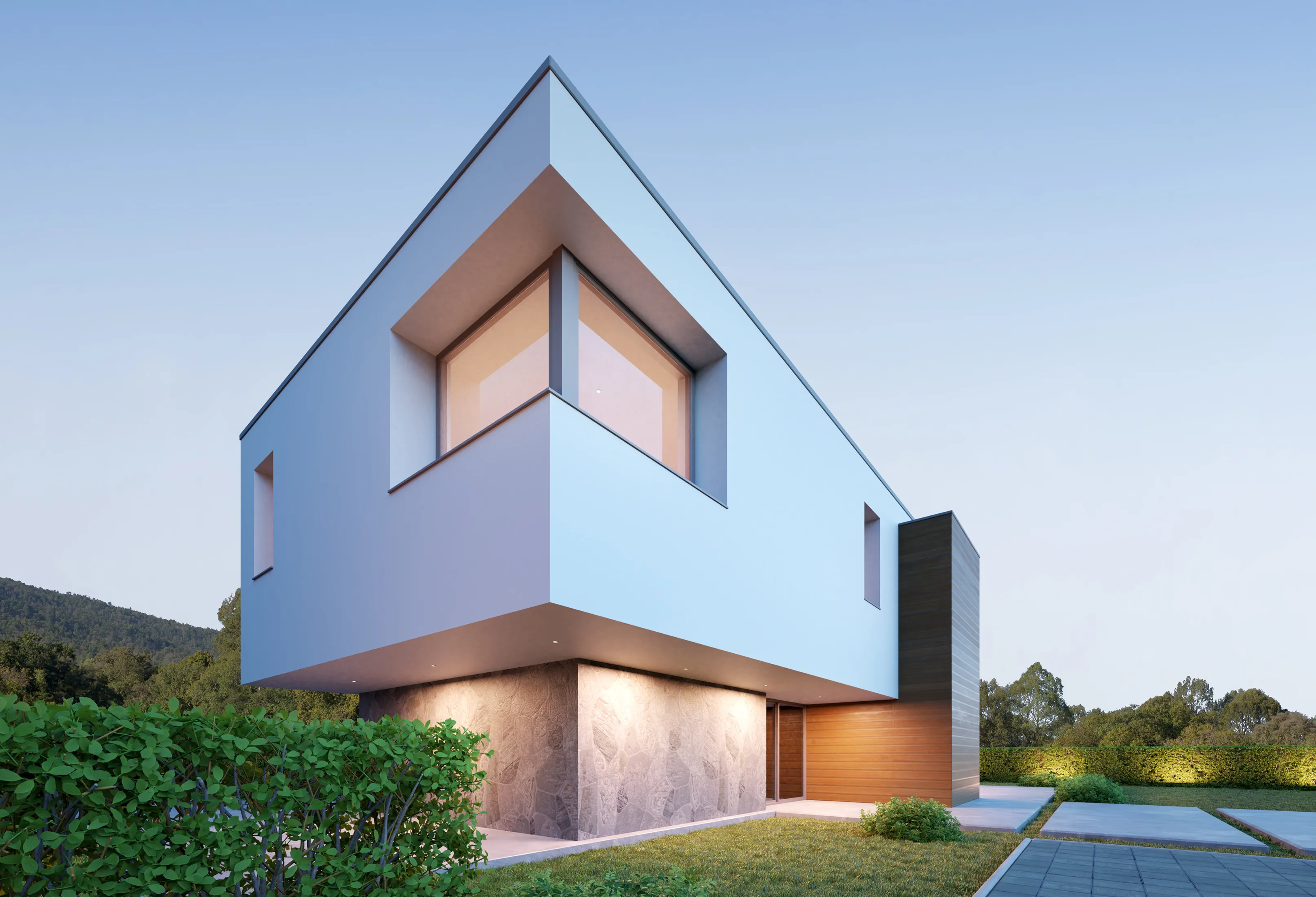 Minimalist white cantilevered house design with a prominent corner window and clean architectural lines.