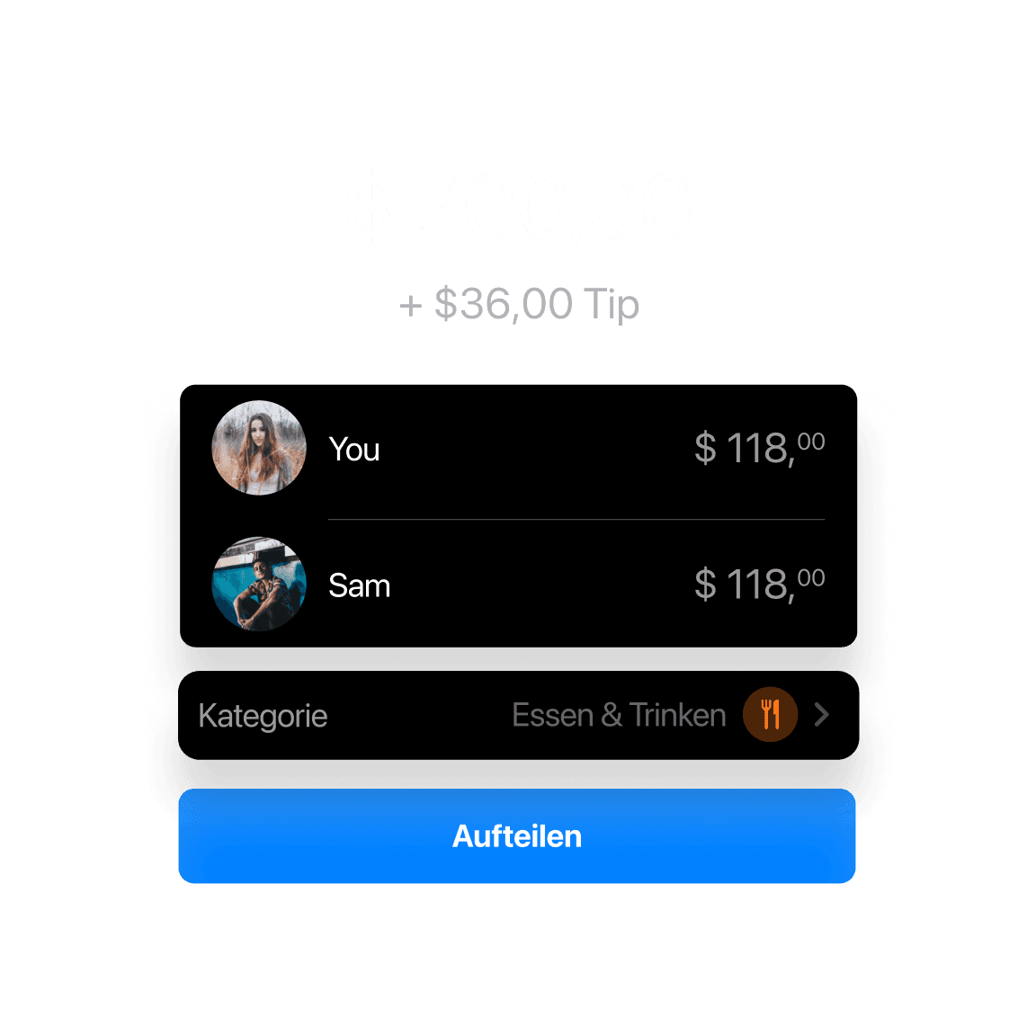 Screenshot einer Benutzeroberfläche, die zwei Benutzerprofile mit zugehörigen Kontoständen und einen auffälligen "Senden"-Button zeigt.