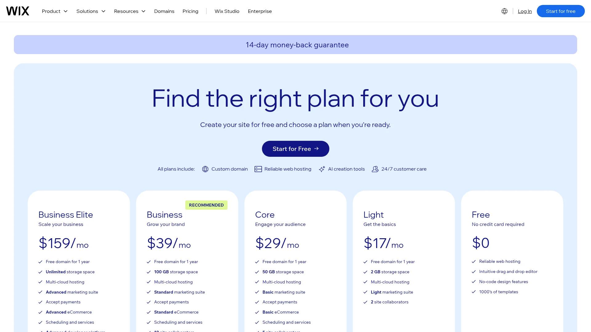 Wix pricing plans in 2026: Free, Light, Core, Business, and Business Elite