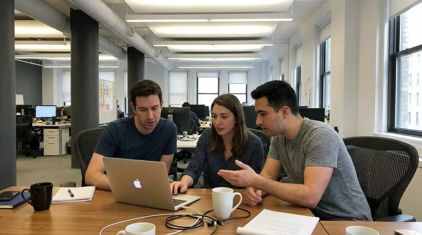 man standing behind flat screen computer monitor