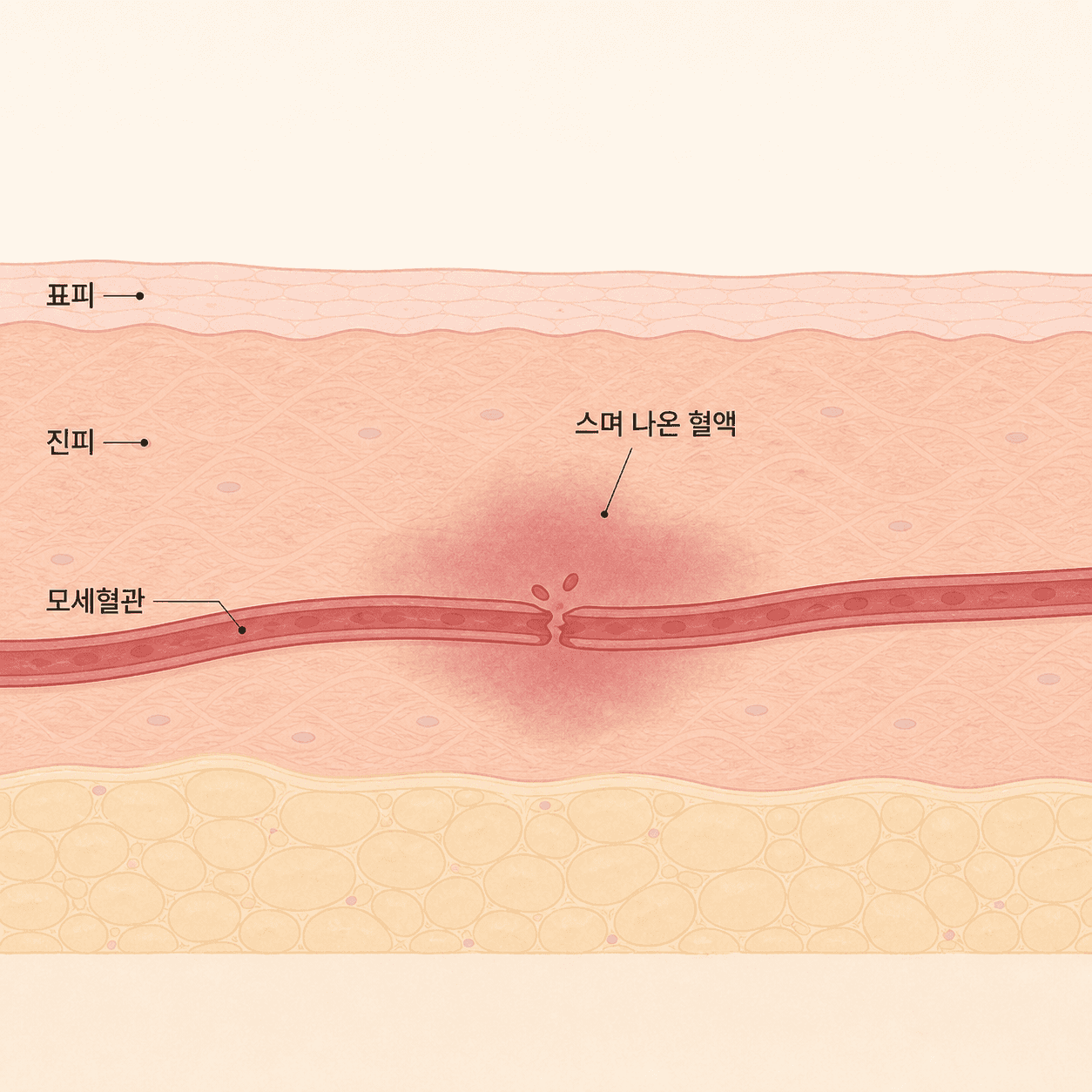 멍은 모세혈관에서 새어 나온 혈액이 조직에 퍼진 상태예요