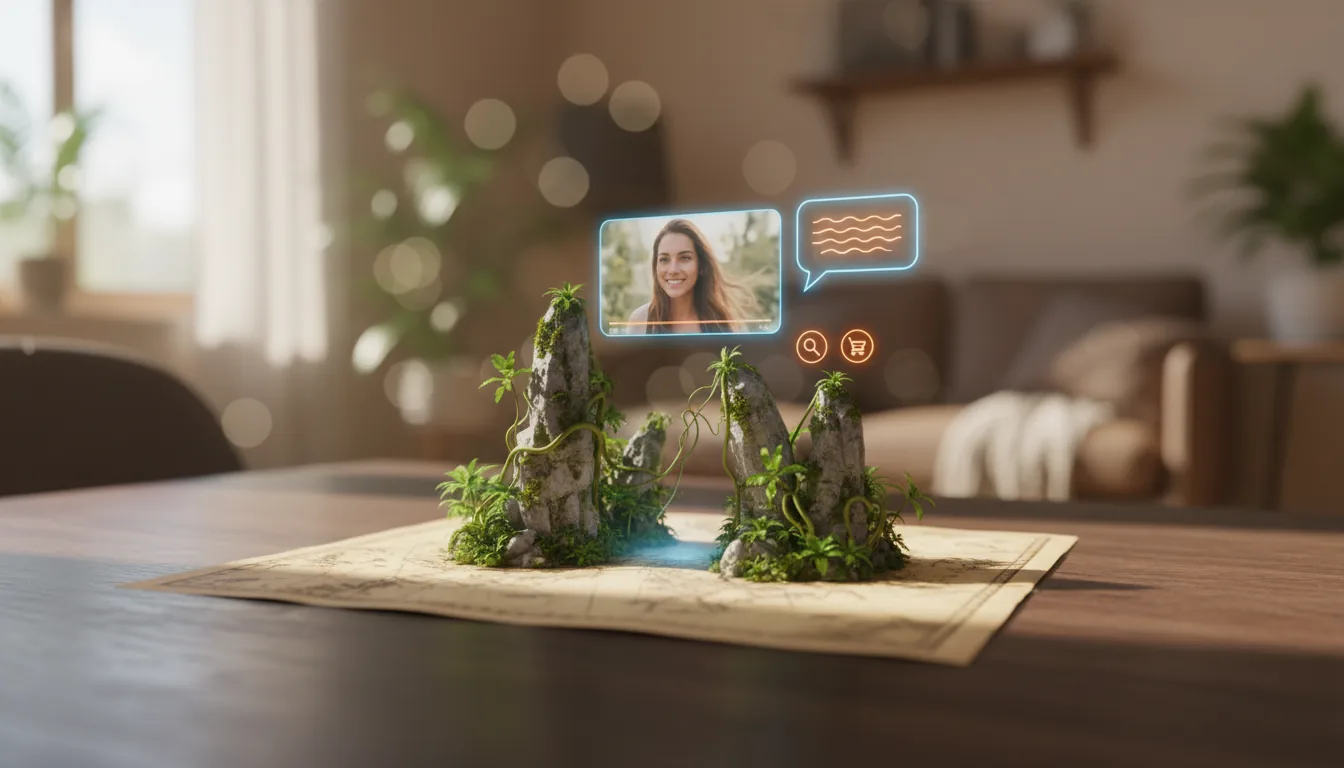 DSLR photograph of an augmented reality (AR) advertisement displayed on a dark wood grain table. A miniature, highly detailed 3D landscape of tall, mossy rock spires and jungle emerges from a flat paper map. Floating above the 3D landscape are holographic UI elements, including a video player showing a woman's portrait, a speech bubble with abstracted text lines, and small call-to-action buttons with icons. The shot has a shallow depth of field, with the warm, softly lit interior background heavily blurred into a strong bokeh effect. Natural daylight.