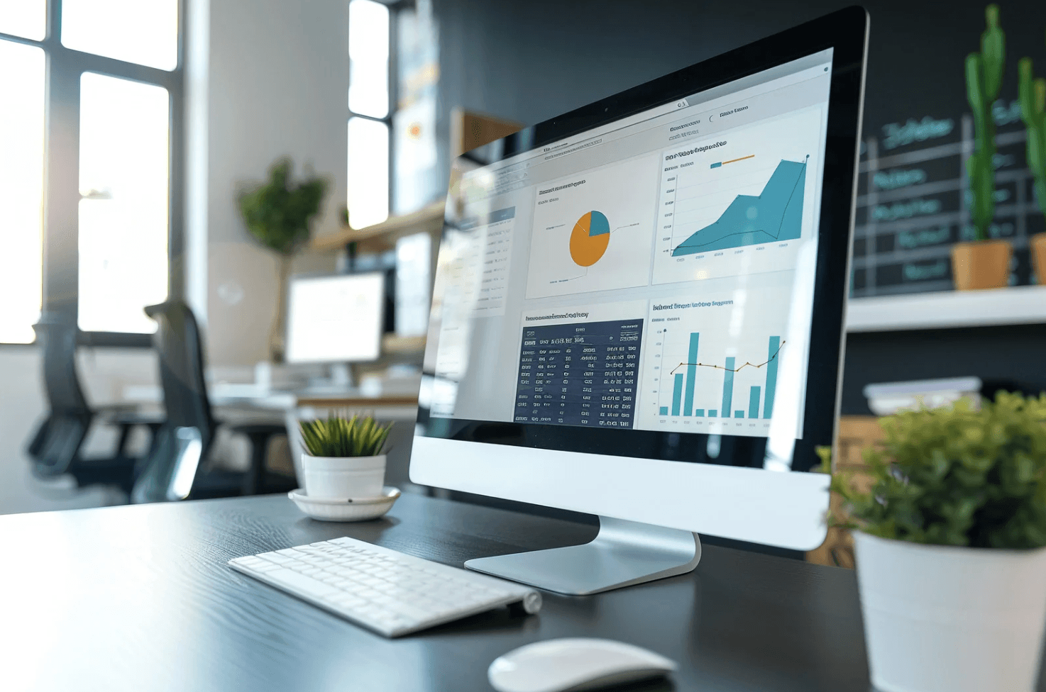 Computer monitor displaying comprehensive analytics dashboard with Amazon PPC performance metrics and campaign data charts