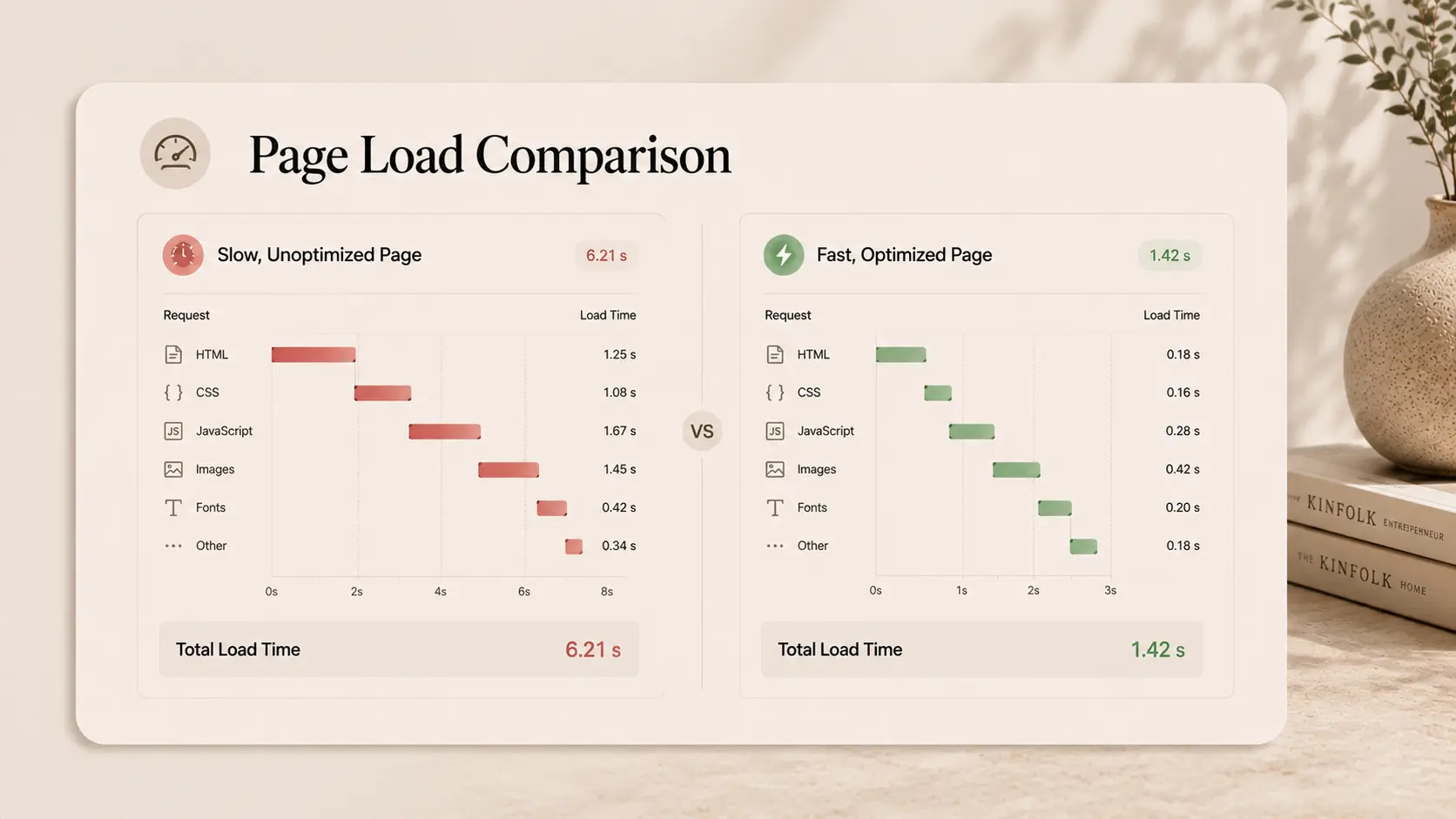 A side-by-side waterfall chart comparing a slow, unoptimized page load with long request times against a fast, optimized page load with short request times.&nbsp;