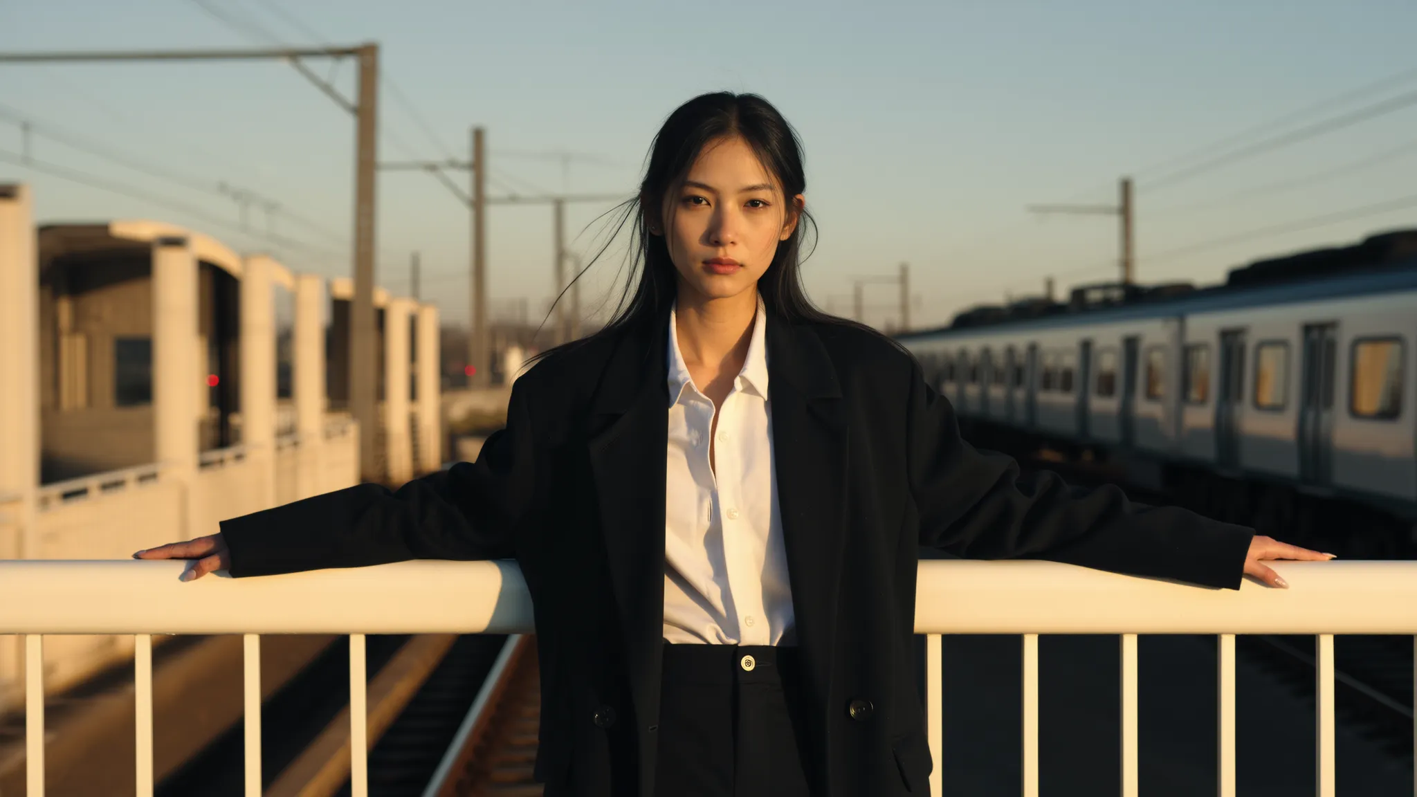 Weibliches KI-Model in moderner Bahnsteig-Szene, das in Oversized-Blazer und weißem Hemd selbstbewusst an einem Geländer steht und minimalistischen Urban-Style verkörpert.