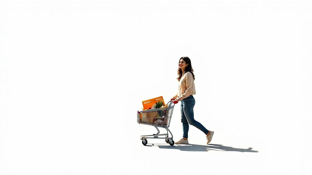 A smiling woman pushes a shopping cart filled with products on a bright white background.