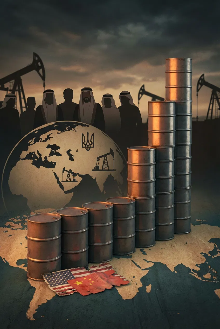 Conceptual illustration of global oil markets with oil barrels, rising price graph, and geopolitical elements.