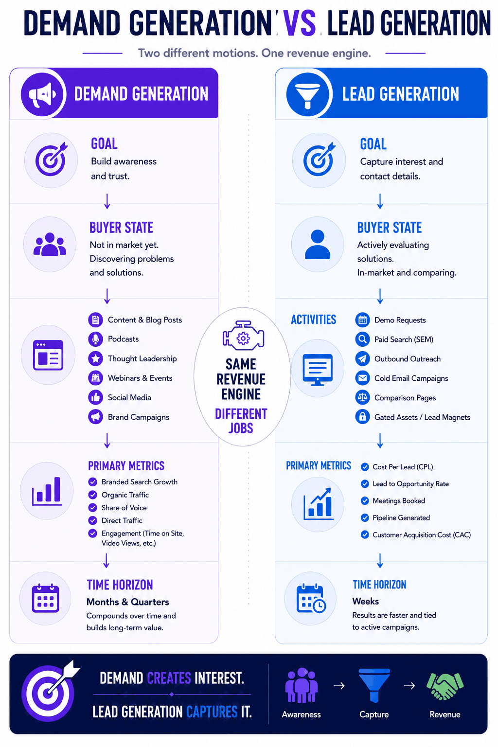 Demand generation vs lead generation infographic comparing goals, buyer stages, metrics, activities, and timelines.