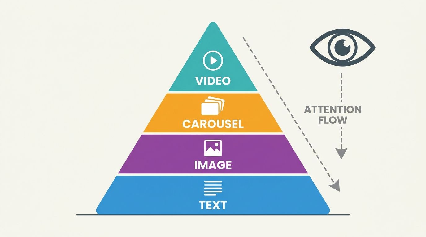 A pyramid diagram showing a hierarchy of content formats starting with video, carousel, image, and text.