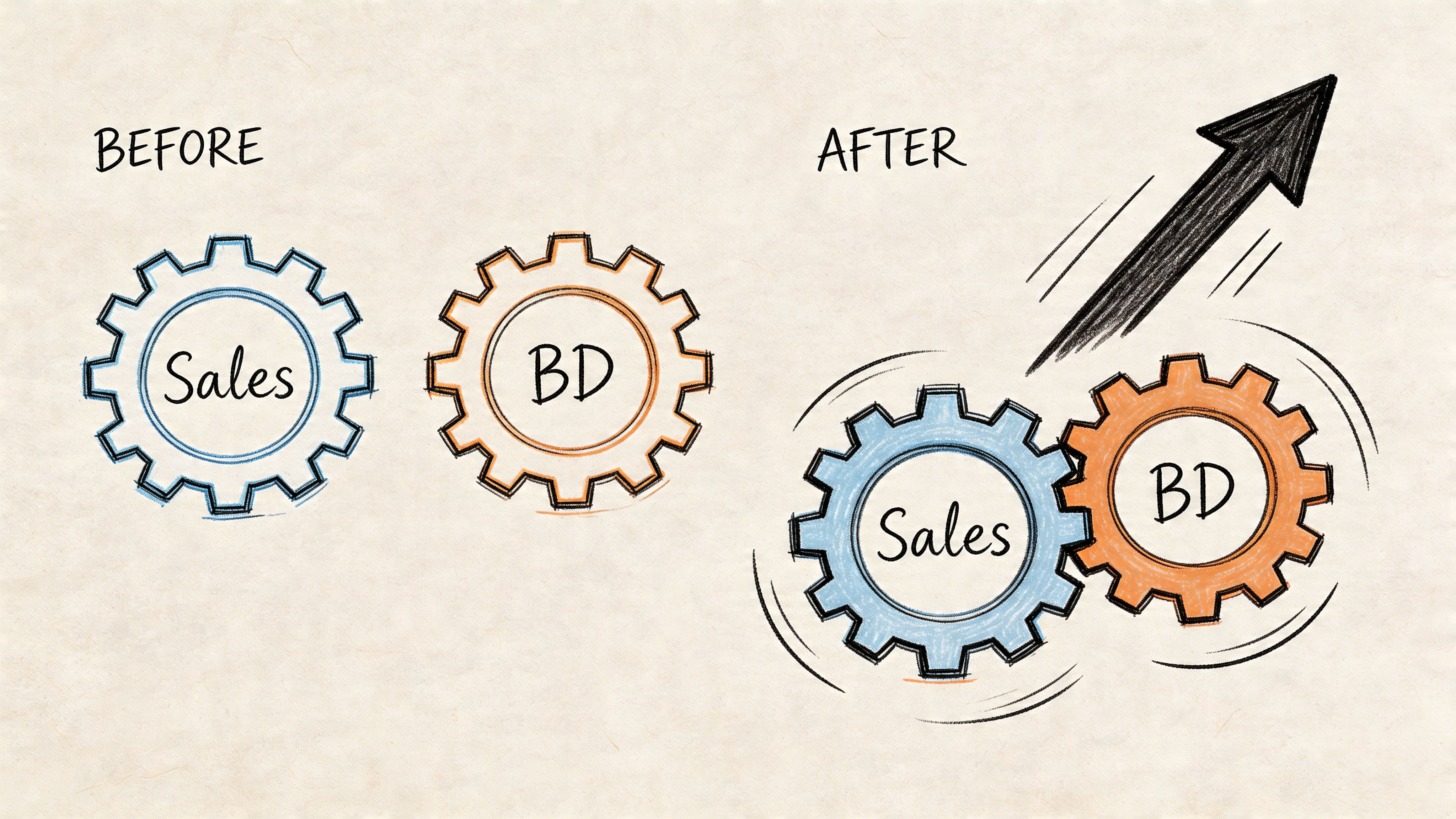 A hand-drawn illustration showing the transformation of disconnected Sales and BD gears into a synchronized, upward-moving process.