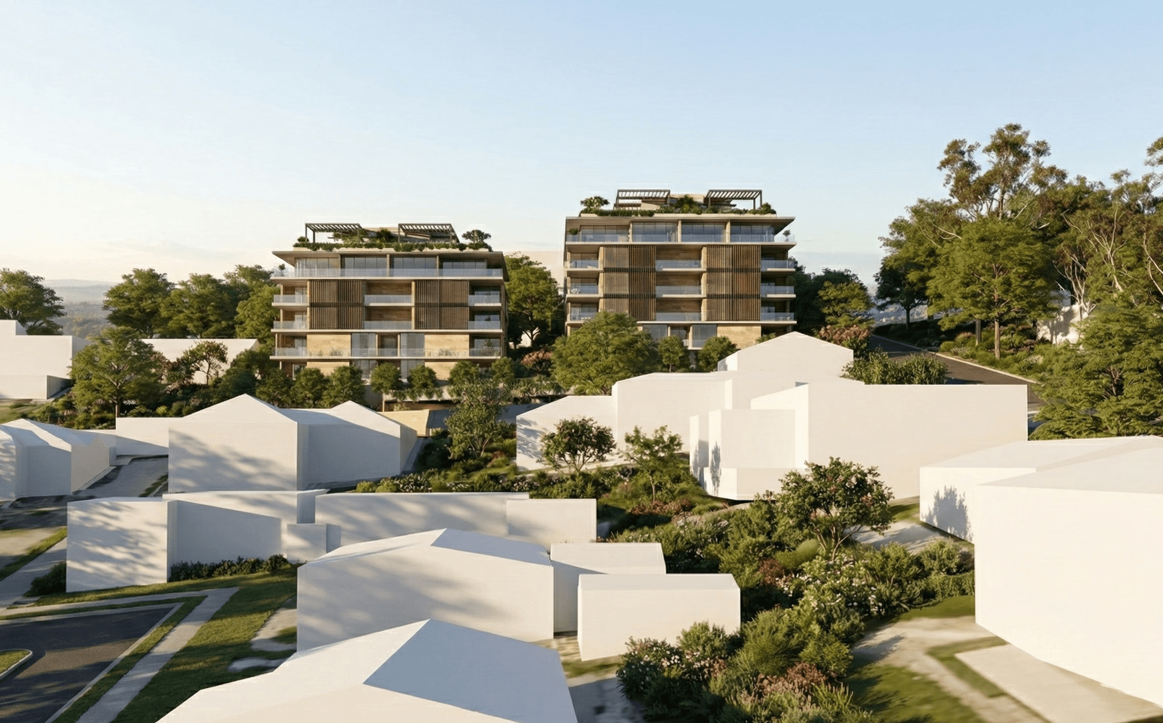 Elevated render of Hillside Residences in Toowoomba, showcasing dual residential blocks nestled into a sloping site.