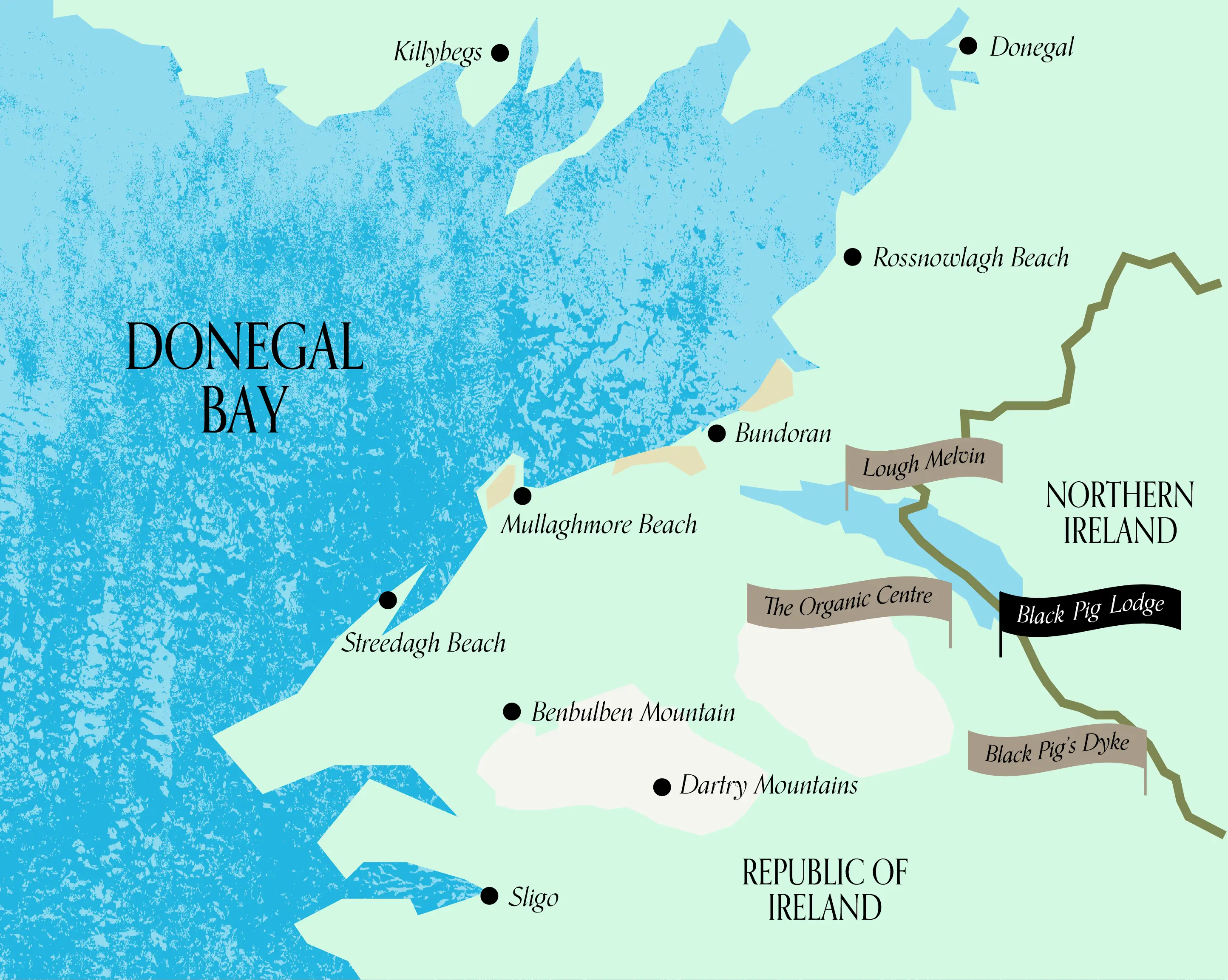 Map showing various locations, waterways, and geographical features in a coastal region, with labeled areas.