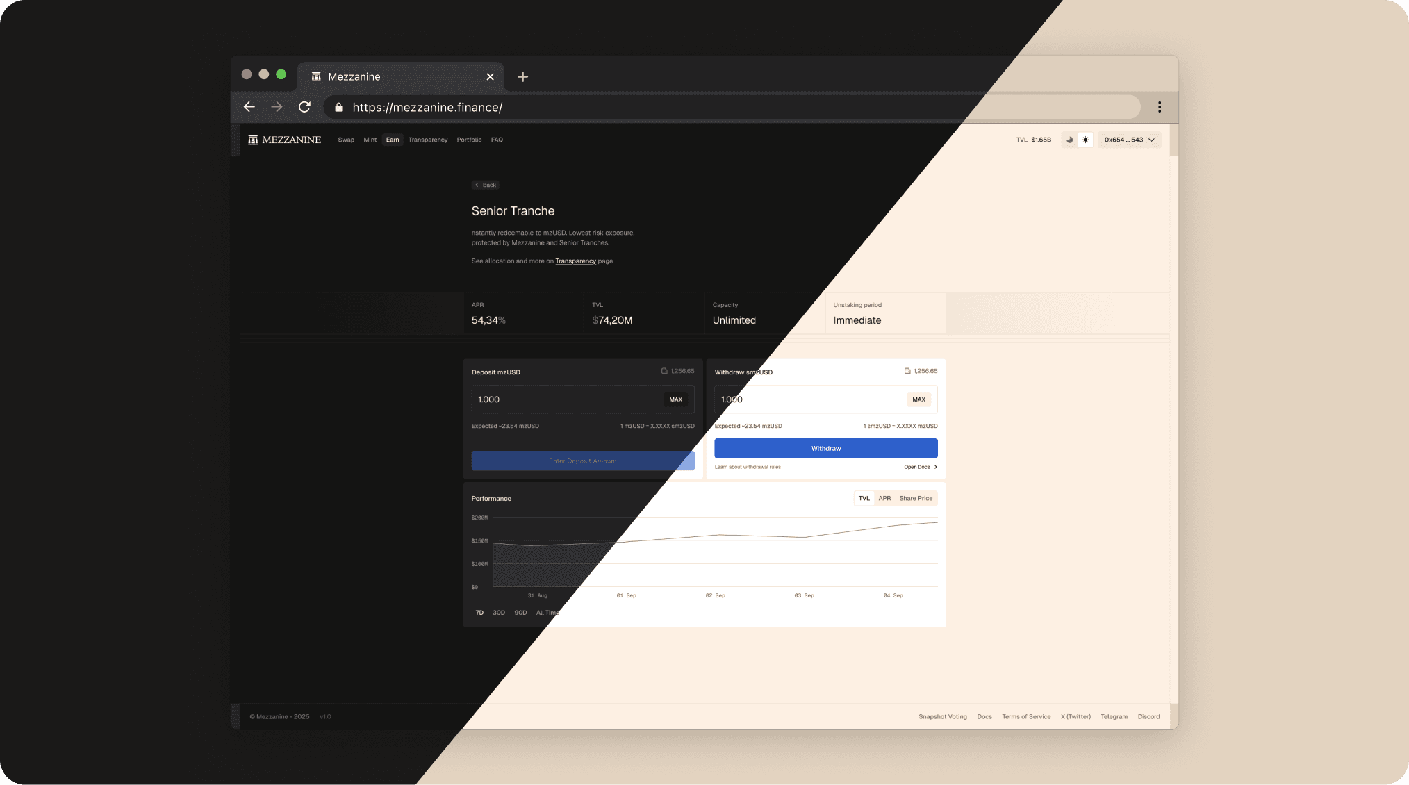 A desktop web browser mockup of the Mezzanine Finance platform dashboard, split diagonally to showcase both dark and light user interface themes.