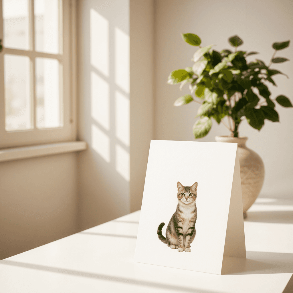 product photography of a decorative card featuring a cat illustration