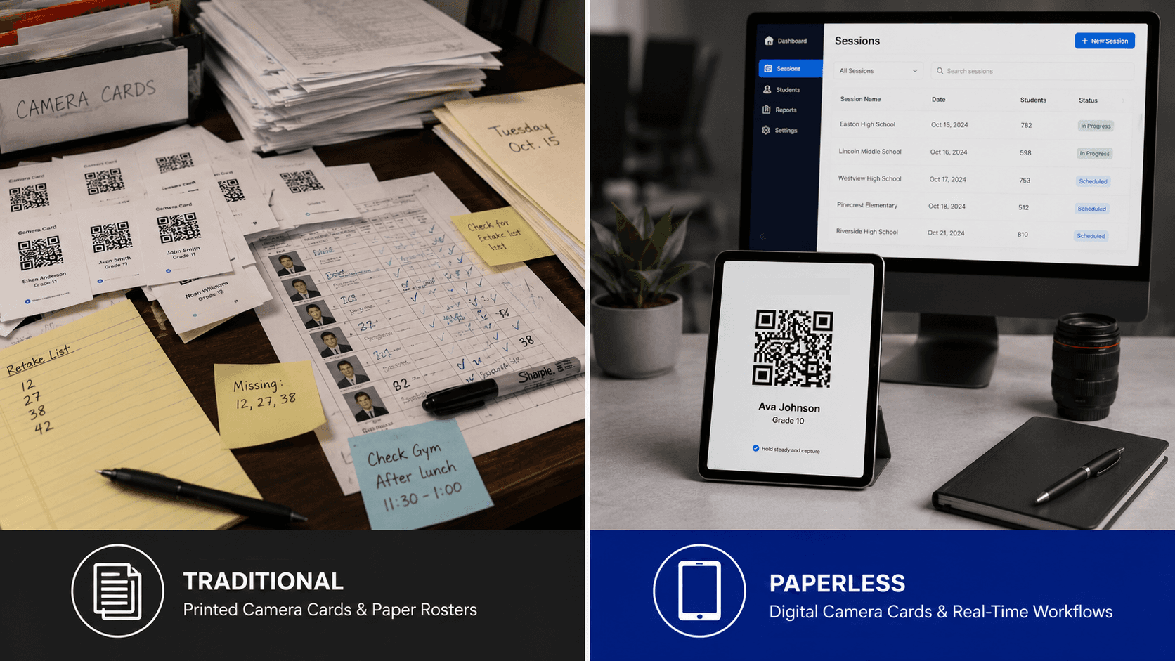 Side-by-side comparison of a cluttered paper-based school photography workspace and a clean paperless digital workflow using a tablet and automated organization tools.