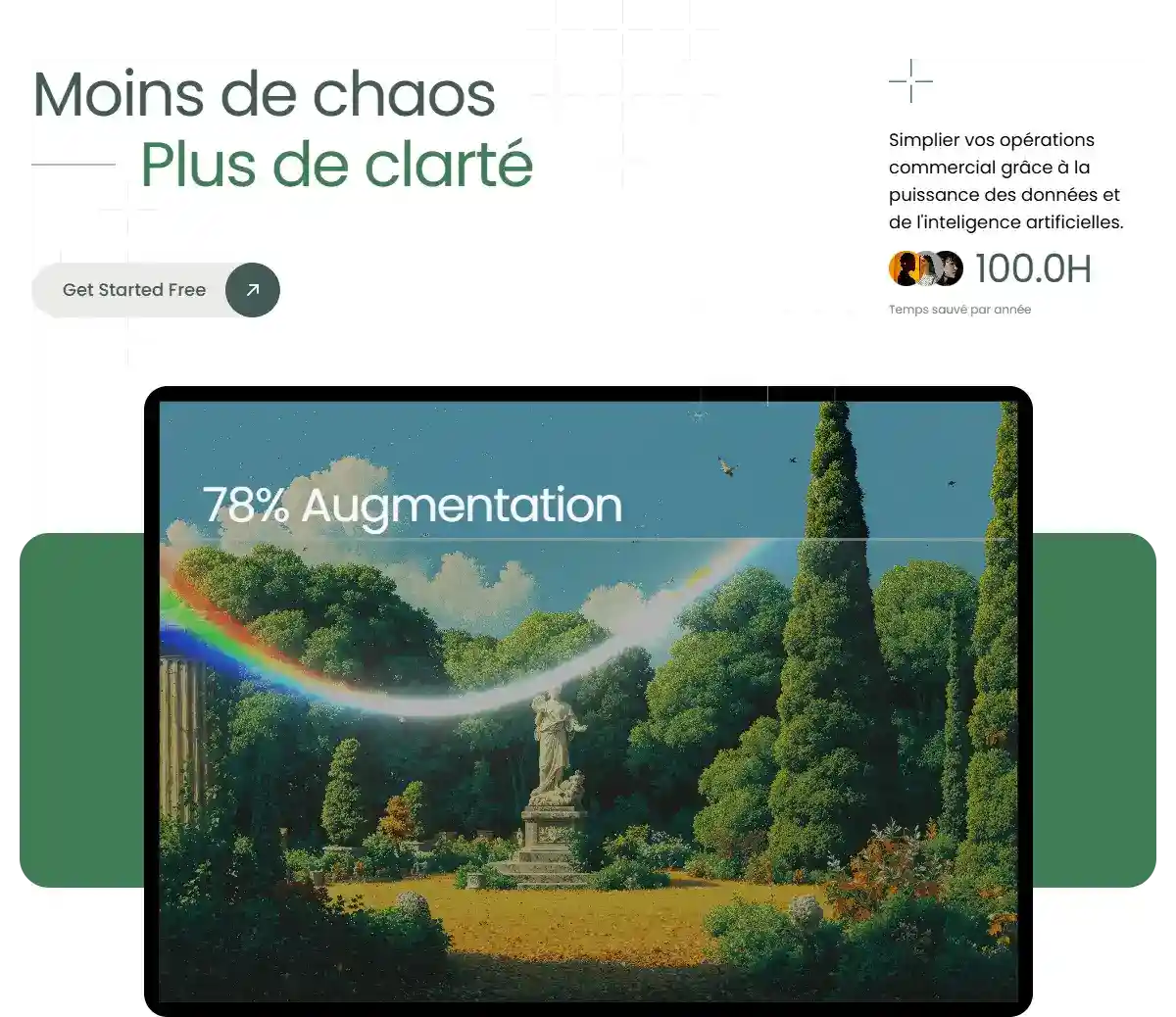 Tableau de bord vert affichant une scène de jardin classique et du texte sur l'efficacité des données par l'IA.