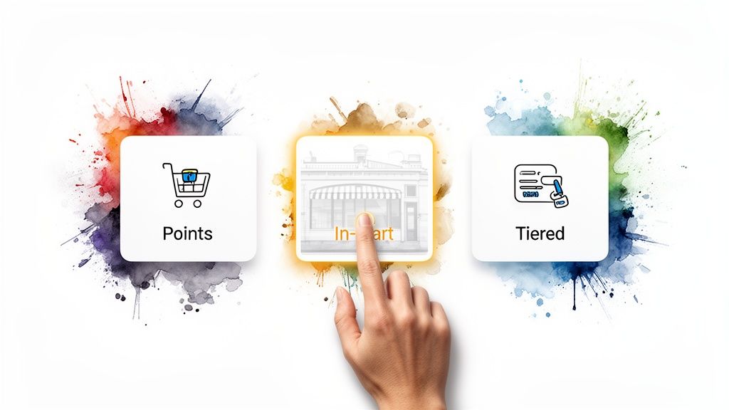 Three white cards show loyalty program options: Points, In-art, and Tiered. A hand points to In-art.