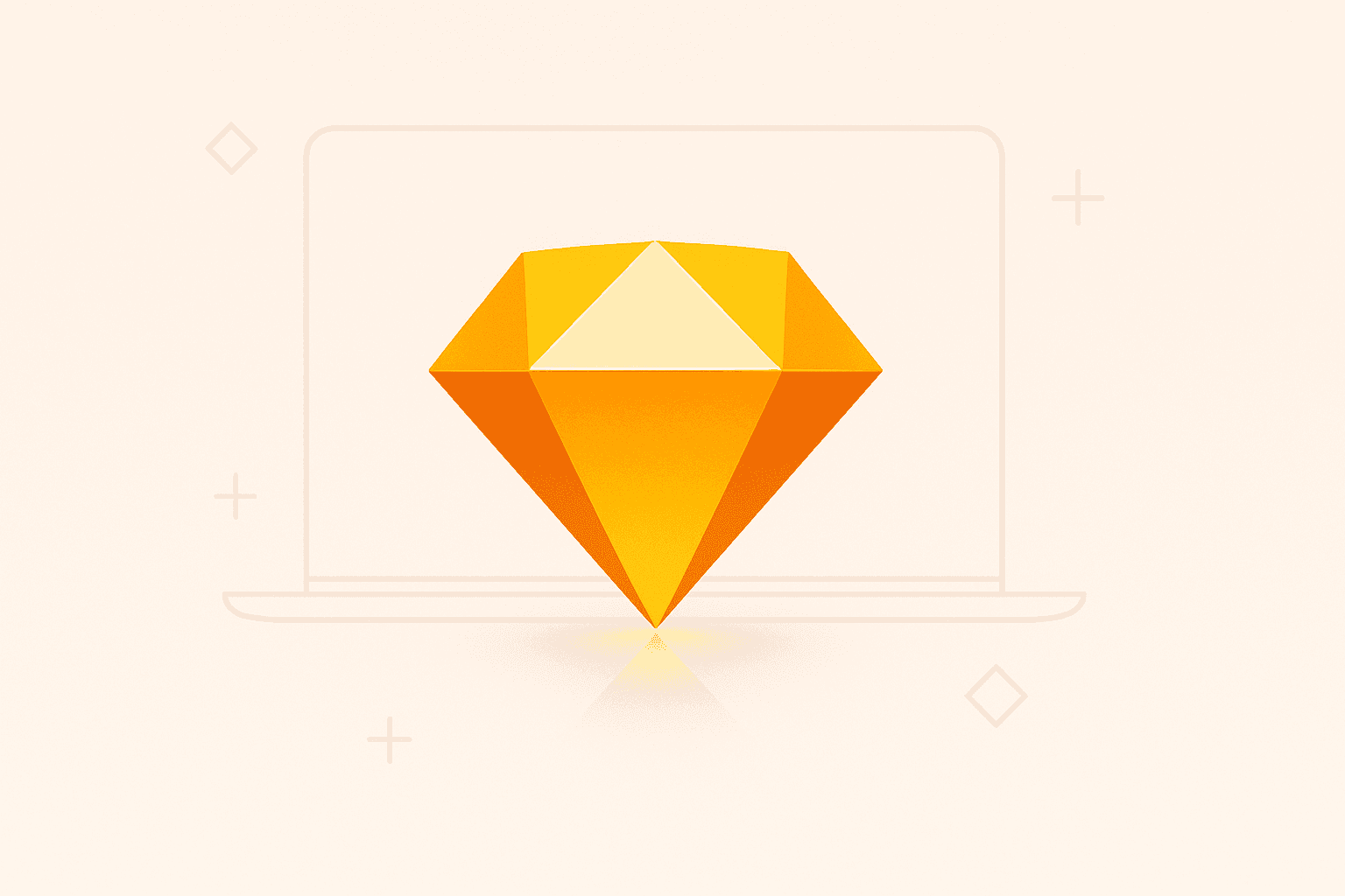 Sketch app diamond logo centered over a minimal laptop outline, symbolising vector-based UI design for macOS.